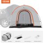 VEVOR suv camping tent with dimensions, bag, support pole, ground nail bag, and instruction manual.