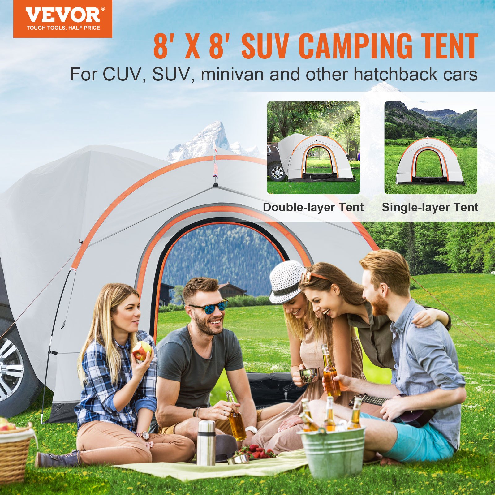 VEVOR suv camping tent setup with friends enjoying a picnic in front of double- and single-layer tents.