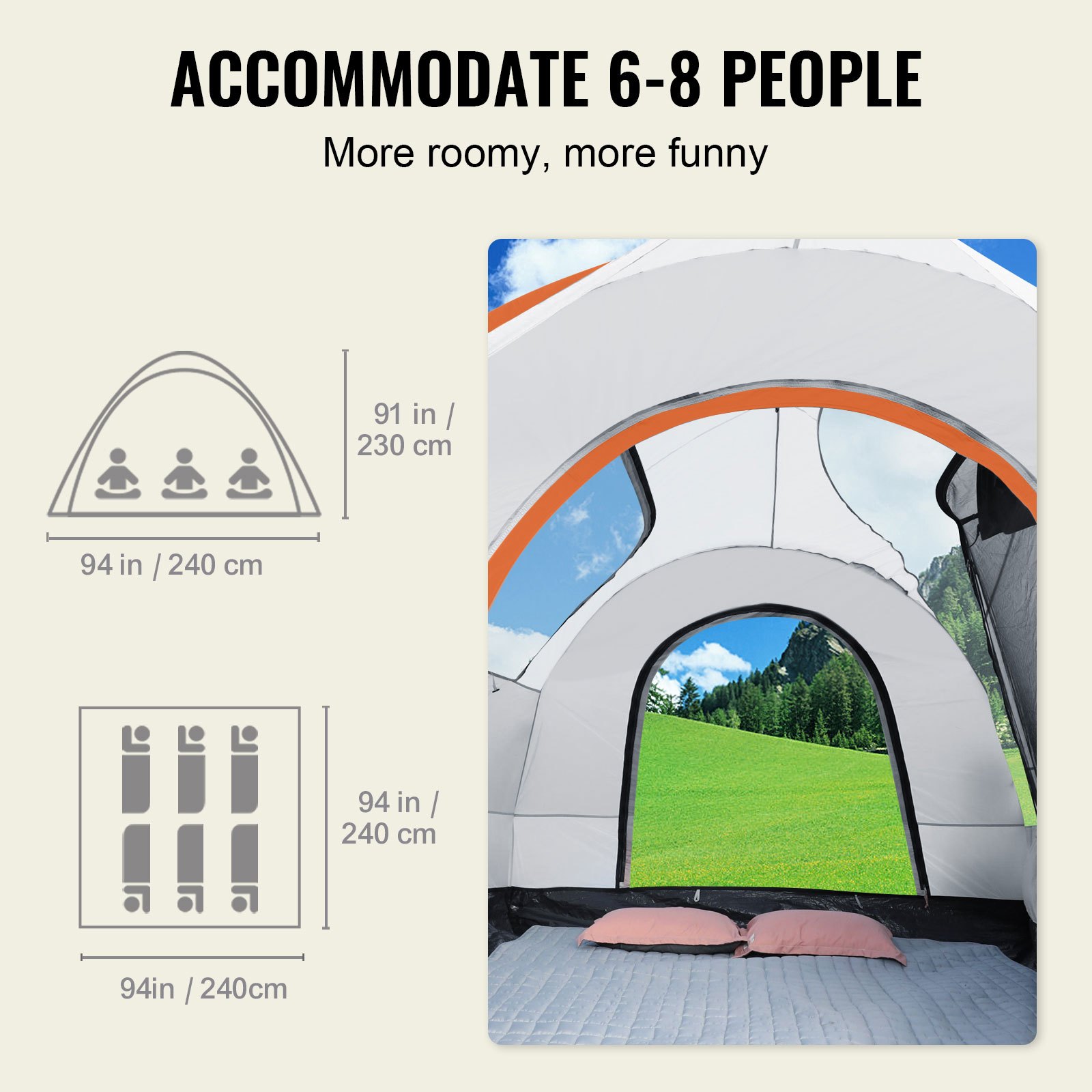 camping in style with the VEVOR suv camping tent, accommodating 6-8 people, 94x94x91 in dimensions.