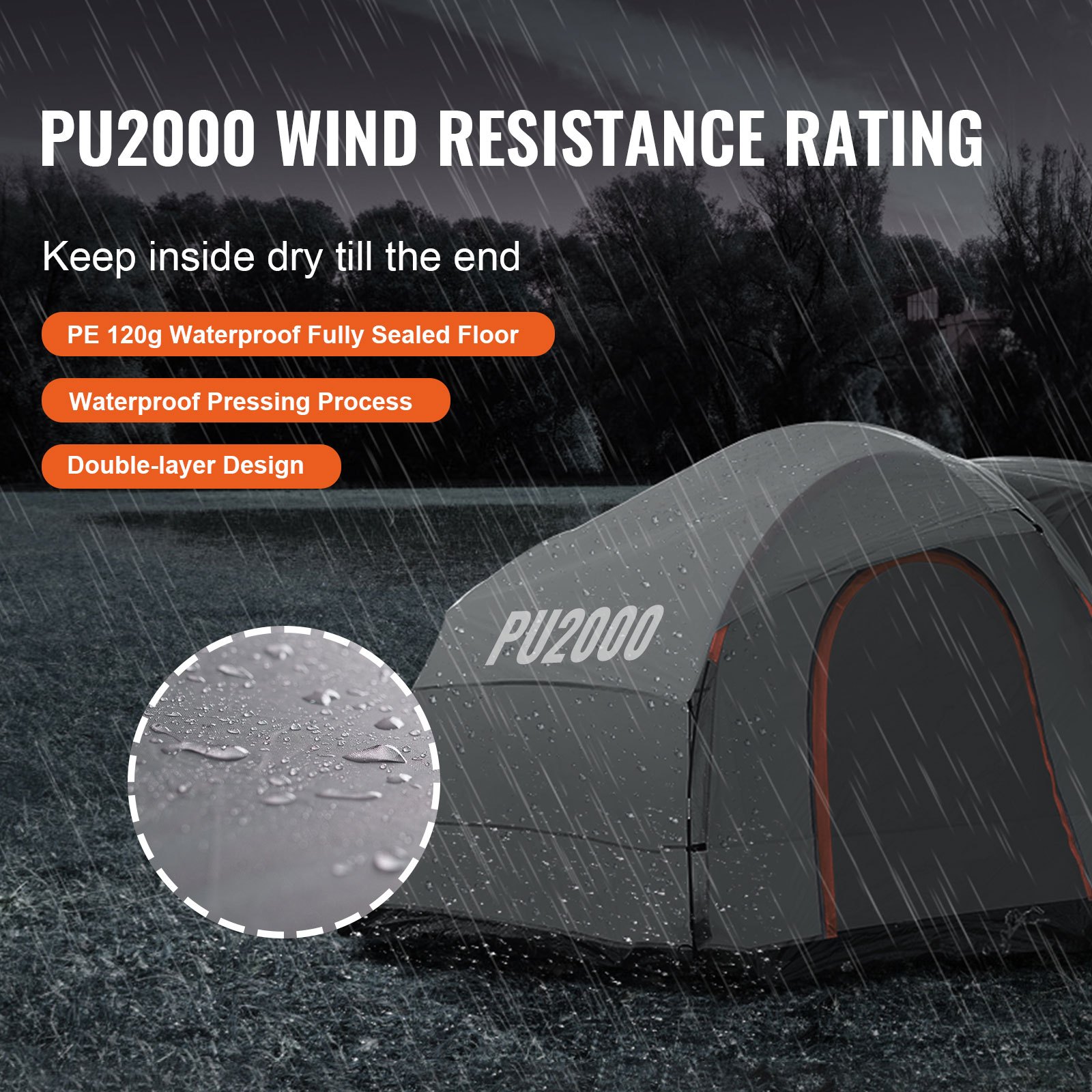 VEVOR suv camping tent with pu2000 wind resistance, waterproof pressing, and double-layer design in rain.
