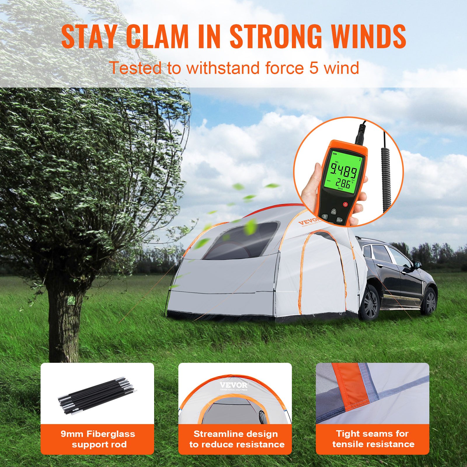 VEVOR suv camping tent in windy field, supported by 9mm fiberglass rods, streamlines for wind resistance.