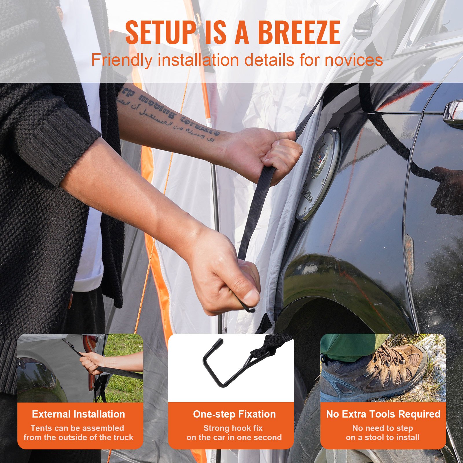 setting up a VEVOR suv camping tent is easy with external installation, one-step fixation, and no tools needed.