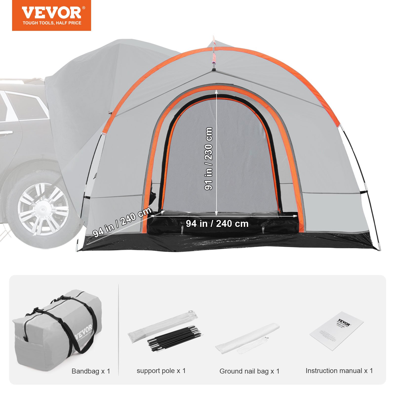 VEVOR suv camping tent with dimensions, bag, support pole, ground nail bag, and instruction manual.