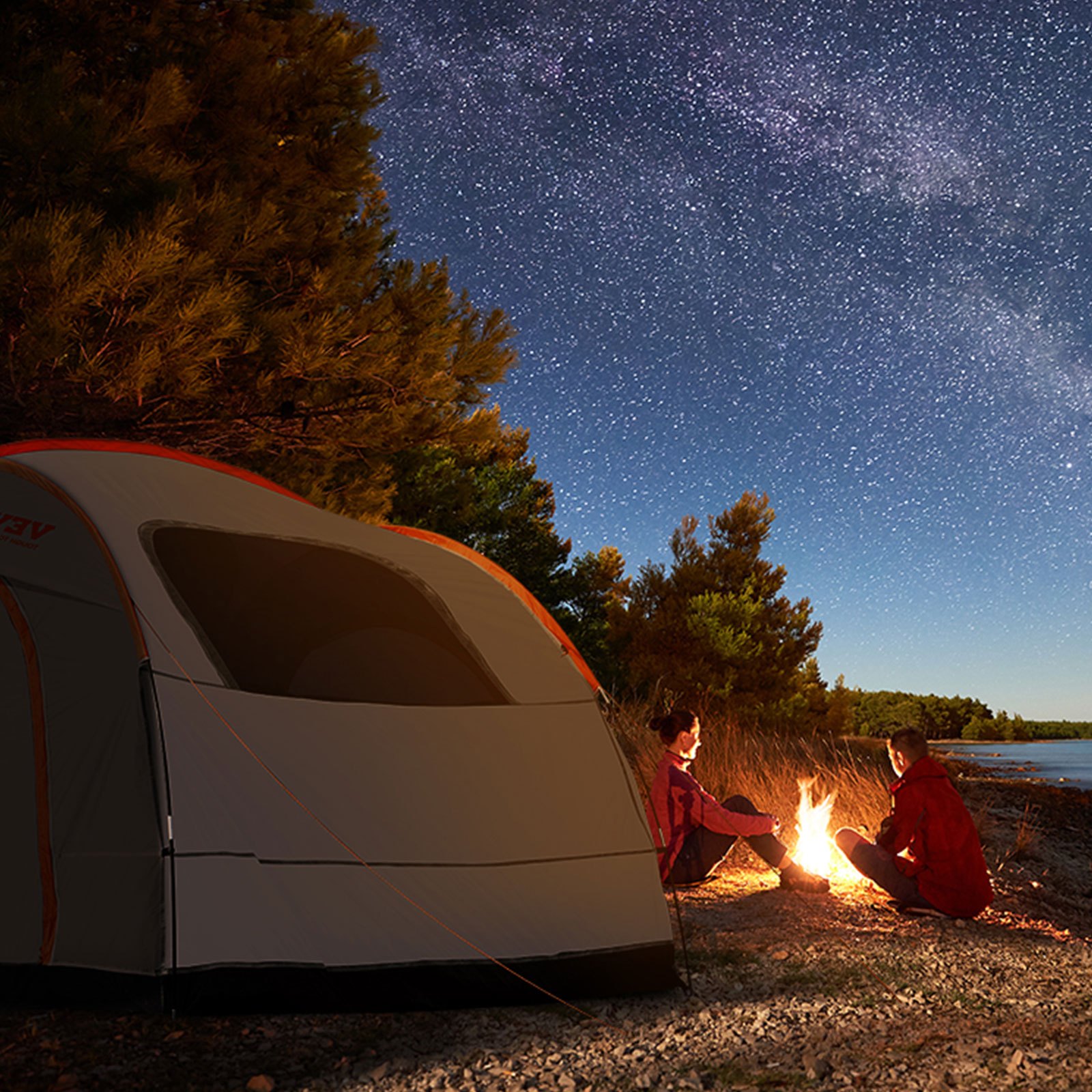 VEVOR suv camping tent set up near a campfire by a lake under a starry night sky.