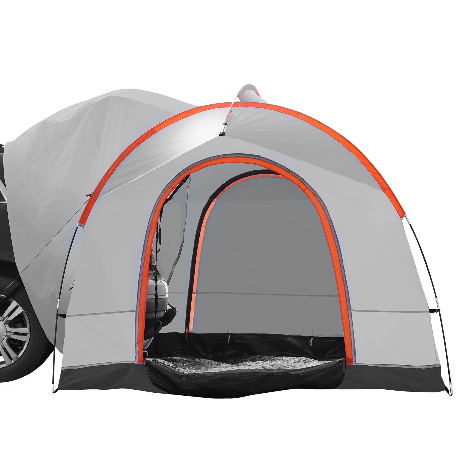 VEVOR suv camping tent attached to a gray suv, showcasing its open front and spacious interior.