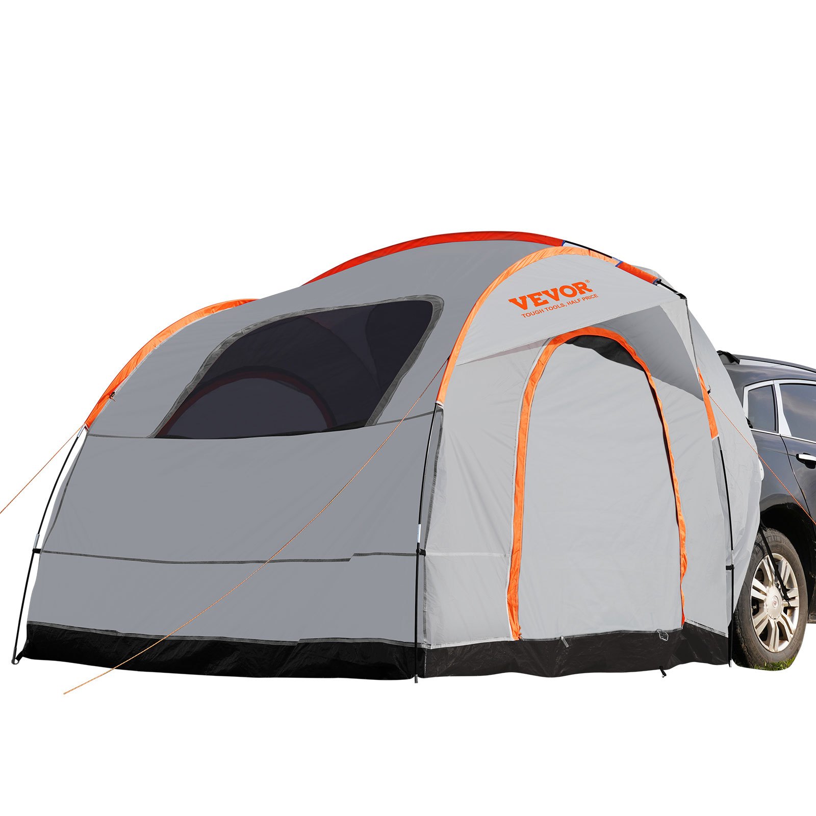 VEVOR suv camping tent with gray fabric and orange trim attached to the back of an suv.