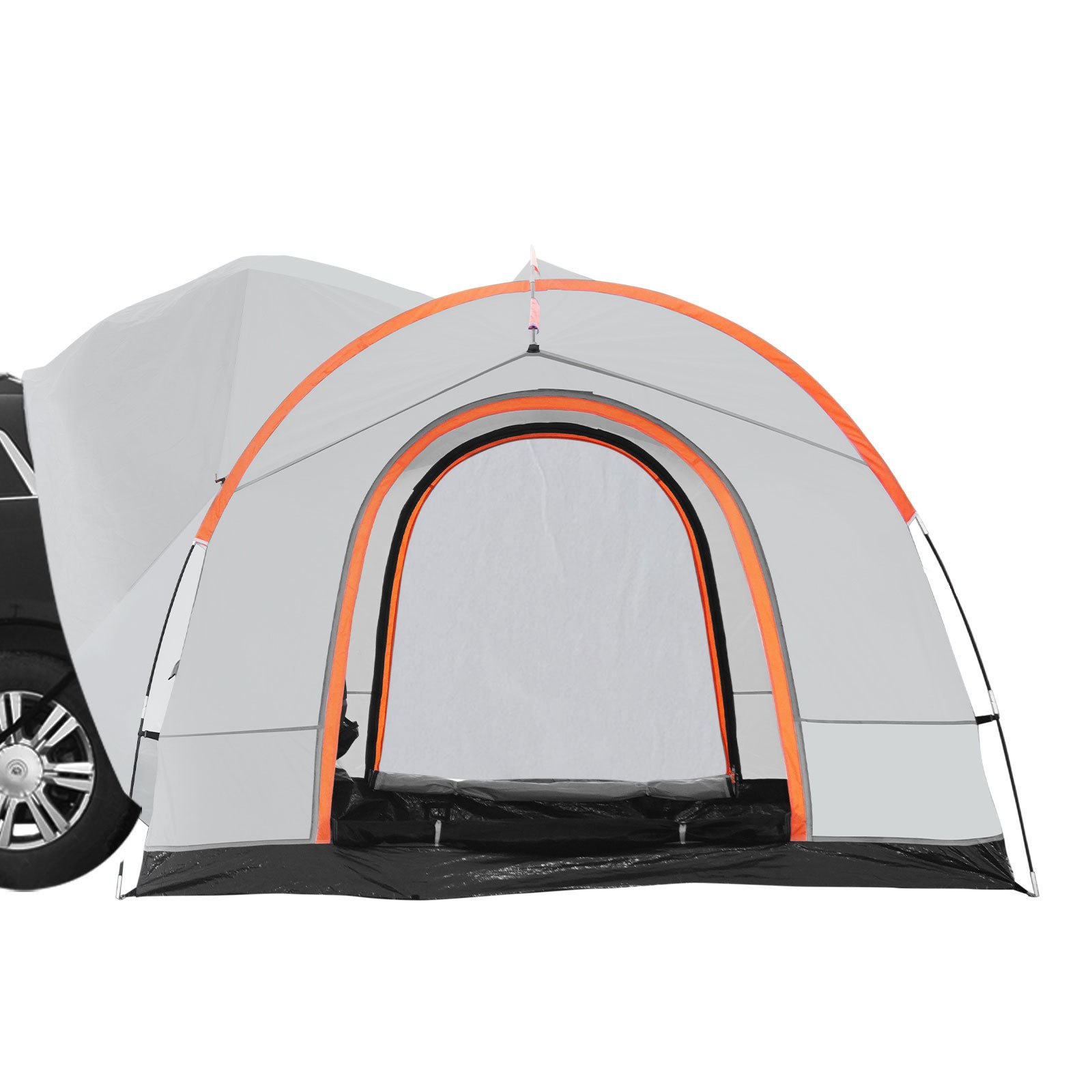 gray and orange VEVOR suv camping tent attached to a black suv with a wheel and partial body visible.