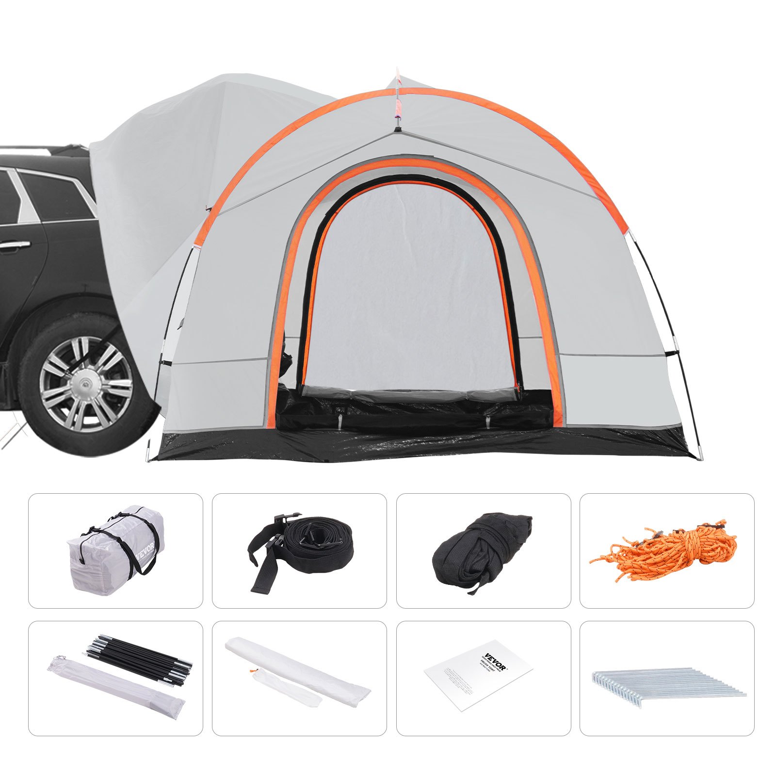 VEVOR suv camping tent attached to vehicle, with accessories including stakes, poles, and carry bag.