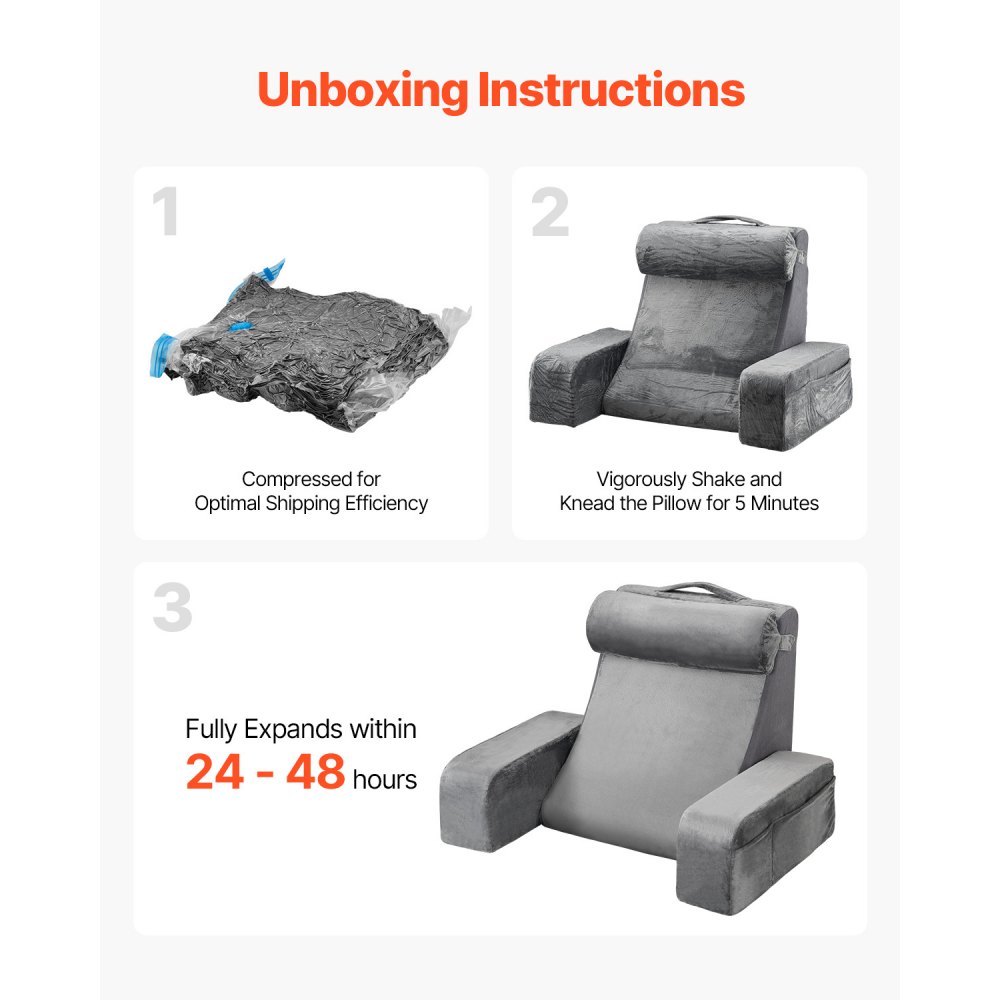 VEVOR Reading Pillow, Backrest Support Pillow with Arm and 3 Pockets, Large Size Bed Pillow with Removable Headrest & 25D Sponge, Handle for Easy Carrying, for Reading, Gaming, Resting, Working, Grey