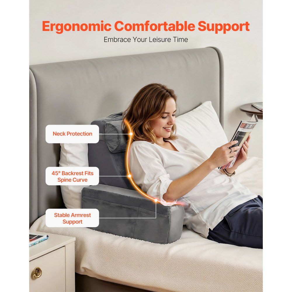 VEVOR Reading Pillow, Backrest Support Pillow with Arm and 3 Pockets, Large Size Bed Pillow with Removable Headrest & 25D Sponge, Handle for Easy Carrying, for Reading, Gaming, Resting, Working, Grey
