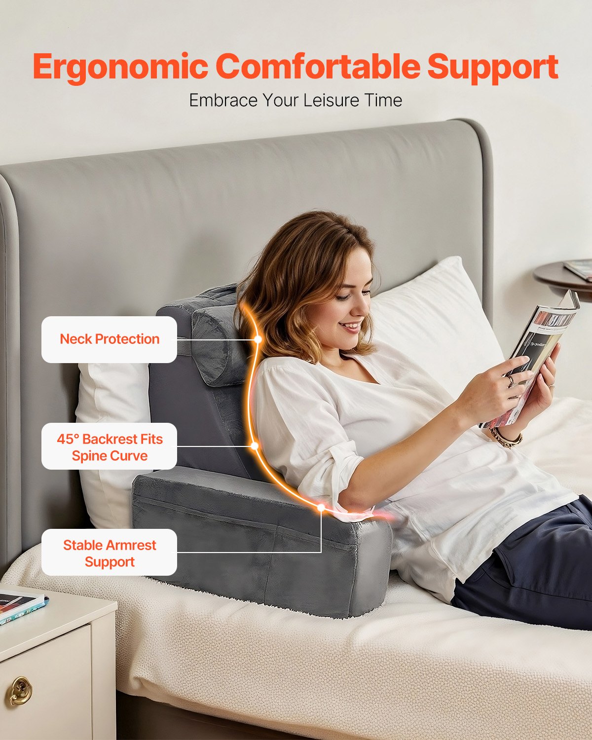 VEVOR Reading Pillow, Backrest Support Pillow with Arm and 3 Pockets, Large Size Bed Pillow with Removable Headrest & 25D Sponge, Handle for Easy Carrying, for Reading, Gaming, Resting, Working, Grey