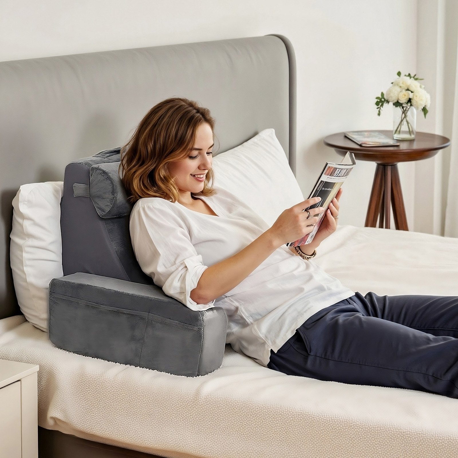 VEVOR Reading Pillow, Backrest Support Pillow with Arm and 3 Pockets, Large Size Bed Pillow with Removable Headrest & 25D Sponge, Handle for Easy Carrying, for Reading, Gaming, Resting, Working, Grey
