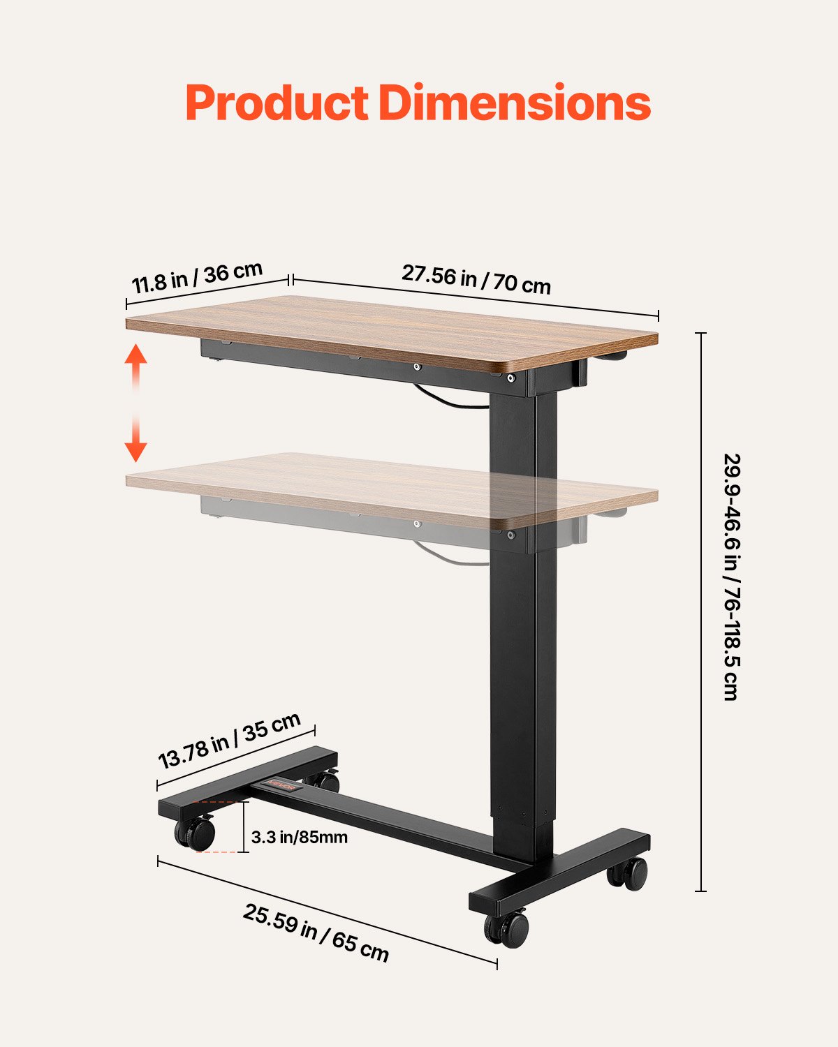 VEVOR Oversengbord, Mobilt Nattbord med 4 Hjul, Elektrisk Løfting med Oppgraderingsknapp, Rullende Laptopbord med Koppholder, Høydejusterbart Oversengbord for Hjem, Kontor, Studie, Tre + Svart