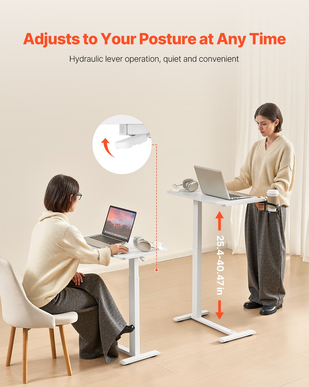 VEVOR Overbed Table, Mobile Bed Side Table with 4 Hidden Wheels, Height Adjustable Rolling Laptop Desk with Cup Holder, Portable Particleboard Over Bed Desk for Home, Office, Study, White