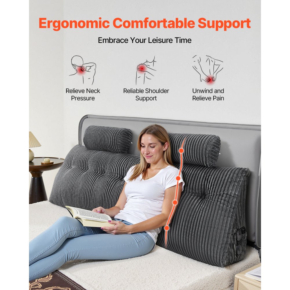 VEVOR Headboard Pillow, King Size Wedge Headboard Pillow with 2 Side Pockets and 2 Headrests, Bed Wedge Pillow with Washable Flannel Cloth, for Reading, Gaming, Resting, Working in Bed, Grey