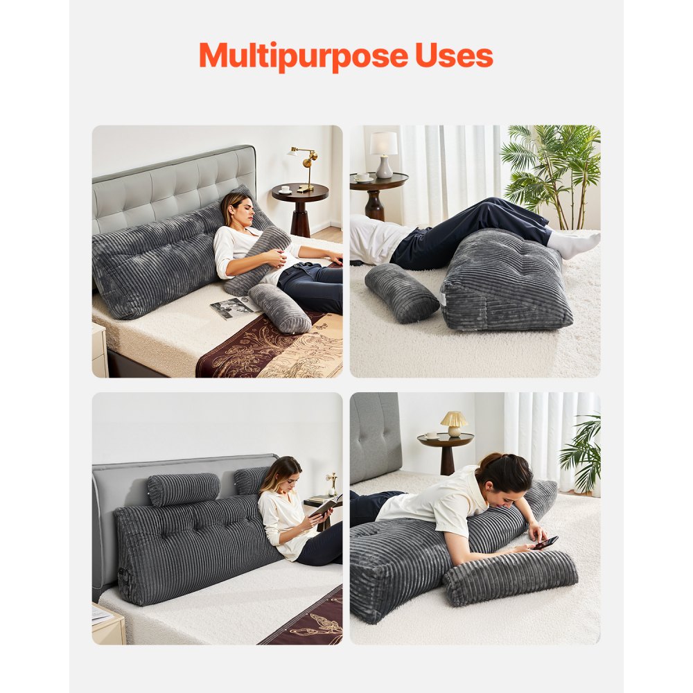 VEVOR Headboard Pillow, King Size Wedge Headboard Pillow with 2 Side Pockets and 2 Headrests, Bed Wedge Pillow with Washable Flannel Cloth, for Reading, Gaming, Resting, Working in Bed, Grey