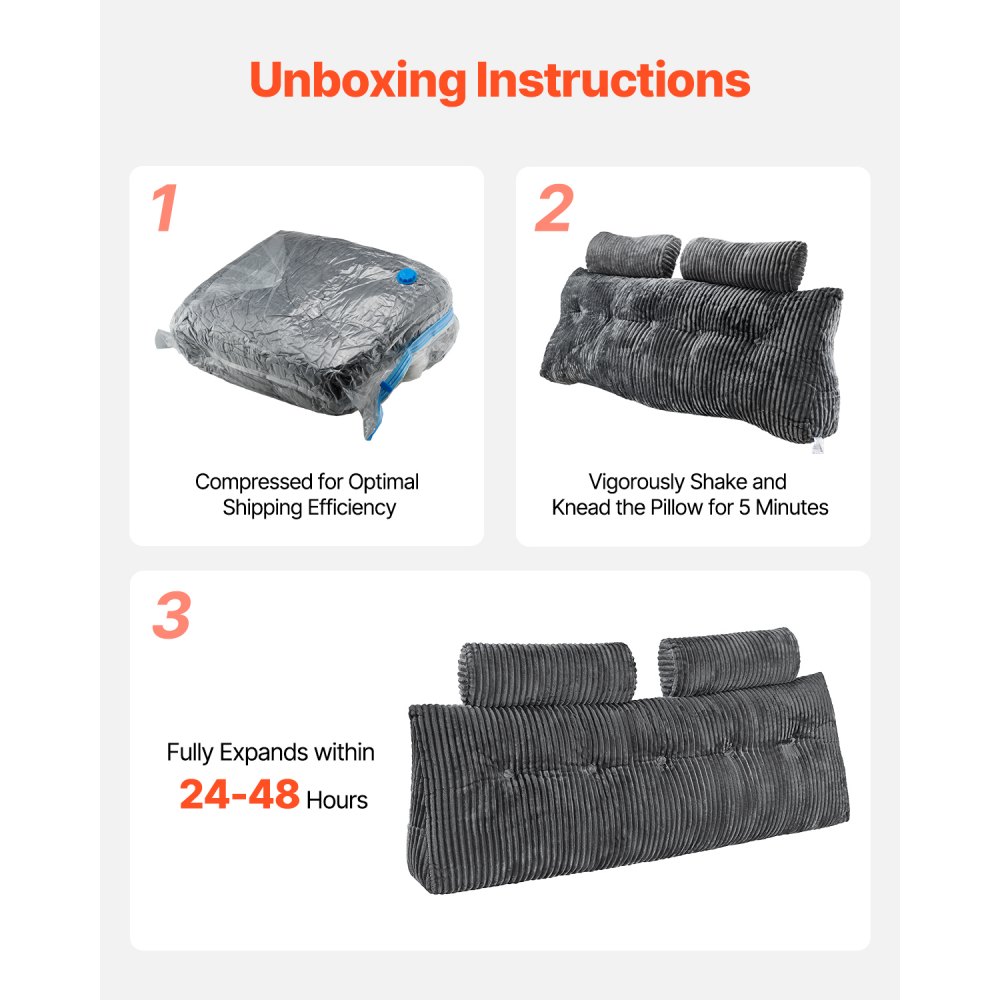 VEVOR Headboard Pillow, Queen Size Wedge Headboard Pillow with 2 Side Pockets and 2 Headrests, Bed Wedge Pillow with Washable Flannel Cloth, for Reading, Gaming, Resting, Working in Bed, Grey