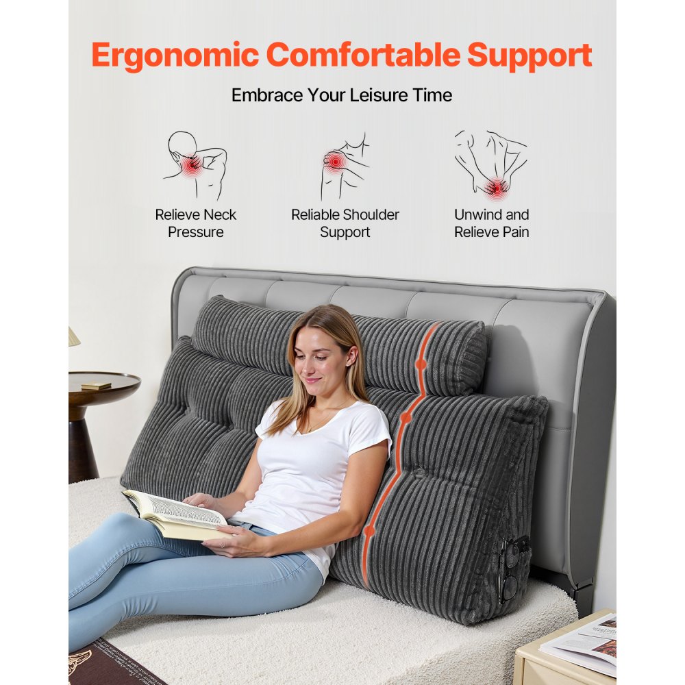 VEVOR Headboard Pillow, Queen Size Wedge Headboard Pillow with 2 Side Pockets and 2 Headrests, Bed Wedge Pillow with Washable Flannel Cloth, for Reading, Gaming, Resting, Working in Bed, Grey