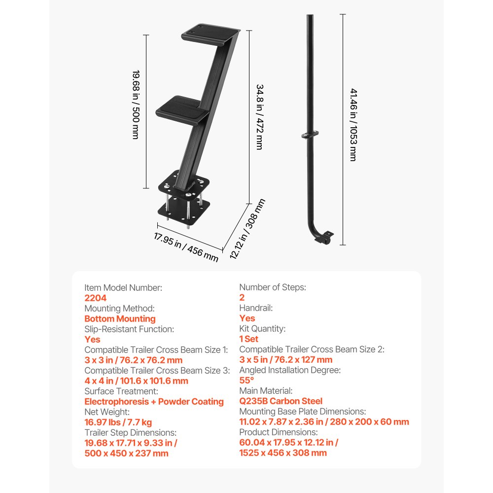 VEVOR Boat Trailer Steps, 2-Step, Heavy-Duty Boat Trailer Steps with Handle, Non-Slip Surface, 3 Mounting Angle Options, Steel Ladder for 76.2 x 76.2/76.2 x 127/101.6 x 101.6 mm Frame, Bottom Mounting