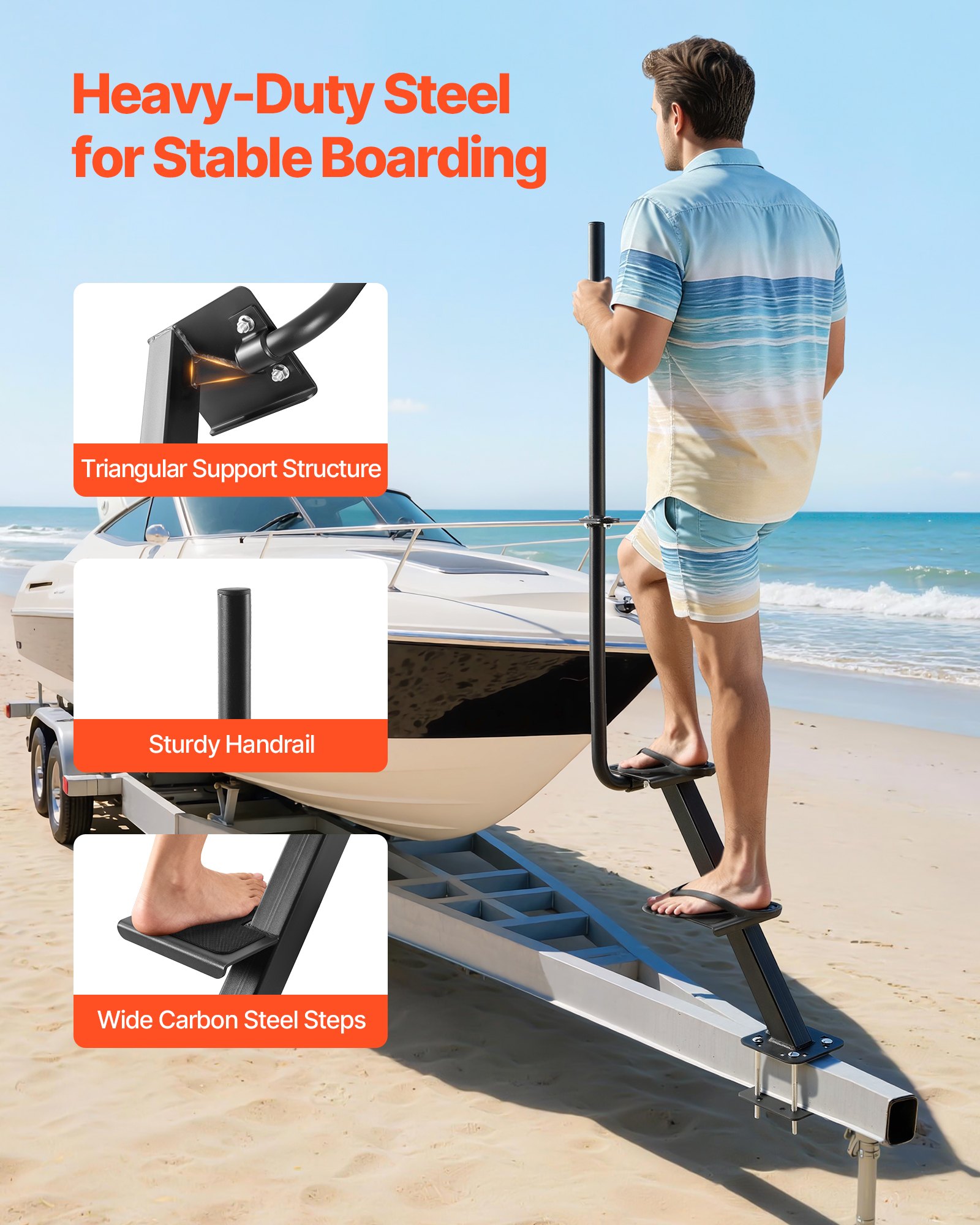 VEVOR Boat Trailer Steps, 2-Step, Heavy-Duty Boat Trailer Steps with Handle, Non-Slip Surface, 3 Mounting Angle Options, Steel Ladder for 76.2 x 76.2/76.2 x 127/101.6 x 101.6 mm Frame, Bottom Mounting