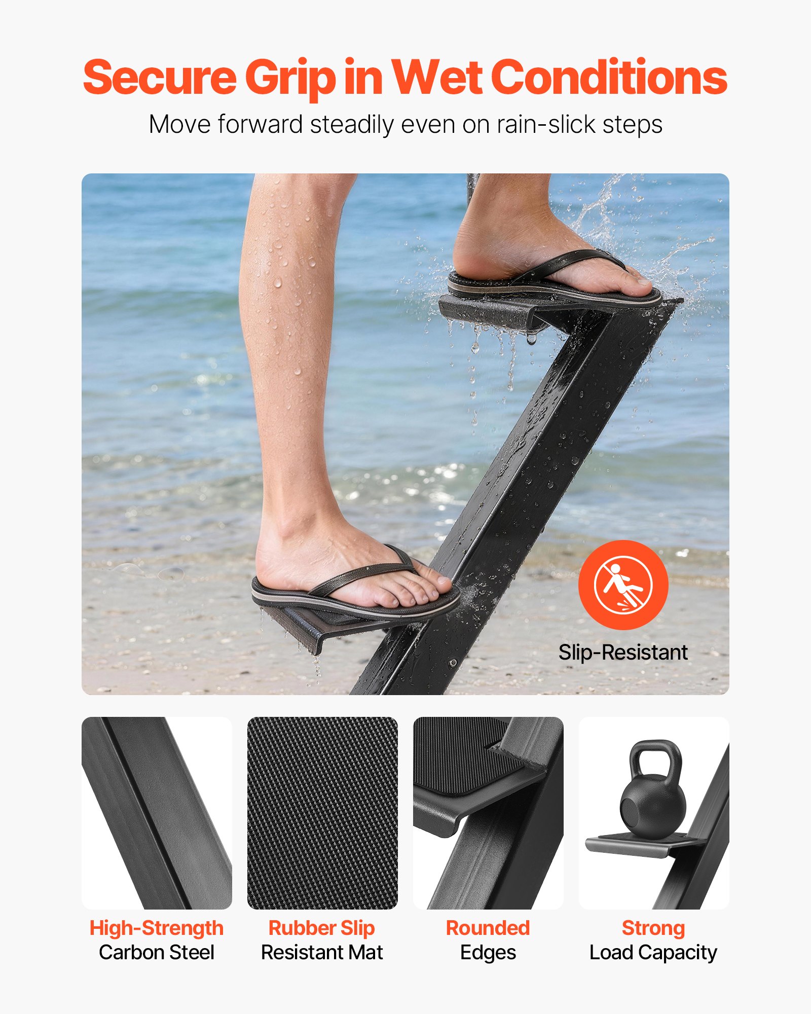 VEVOR Boat Trailer Steps, 2-Step, Heavy-Duty Boat Trailer Steps with Handle, Non-Slip Surface, 3 Mounting Angle Options, Steel Ladder for 76.2 x 76.2/76.2 x 127/101.6 x 101.6 mm Frame, Bottom Mounting