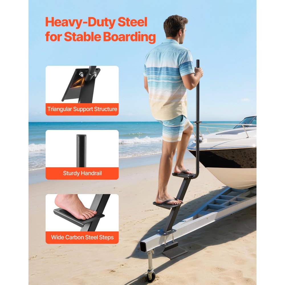 VEVOR Boat Trailer Steps, 3-Step, Heavy-Duty Boat Trailer Steps with Handle, Non-Slip Surface, 3 Mounting Angle Options, Steel Ladder for 76.2 x 76.2/76.2 x 127/101.6 x 101.6 mm Frame, Bottom Mounting