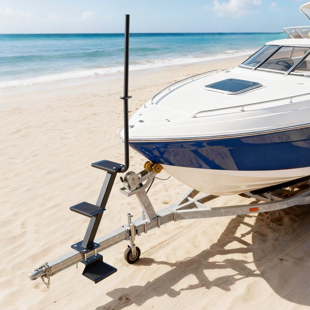 VEVOR Boat Trailer Steps, 3-Step, Heavy-Duty Boat Trailer Steps with Handle, Non-Slip Surface, 3 Mounting Angle Options, Steel Ladder for 76.2 x 76.2/76.2 x 127/101.6 x 101.6 mm Frame, Bottom Mounting