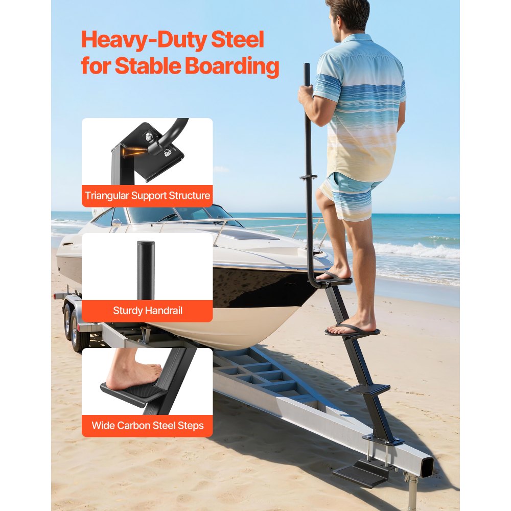 VEVOR Boat Trailer Steps, 4-Step, Heavy-Duty Boat Trailer Steps with Handle, Non-Slip Surface, 3 Mounting Angle Options, Steel Ladder for 76.2 x 76.2/76.2 x 127/101.6 x 101.6 mm Frame, Bottom Mounting