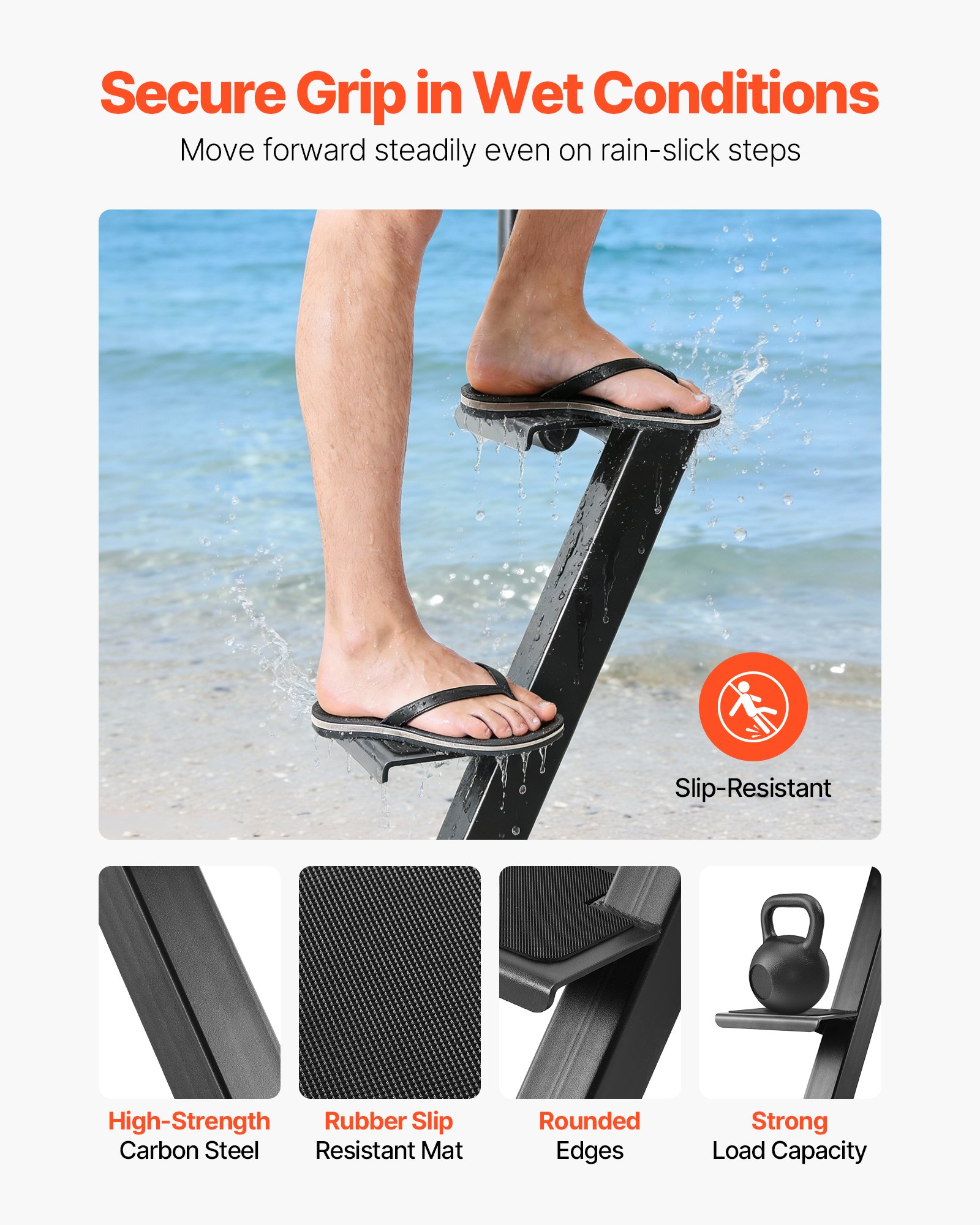 VEVOR Boat Trailer Steps, 4-Step, Heavy-Duty Boat Trailer Steps with Handle, Non-Slip Surface, 3 Mounting Angle Options, Steel Ladder for 76.2 x 76.2/76.2 x 127/101.6 x 101.6 mm Frame, Bottom Mounting