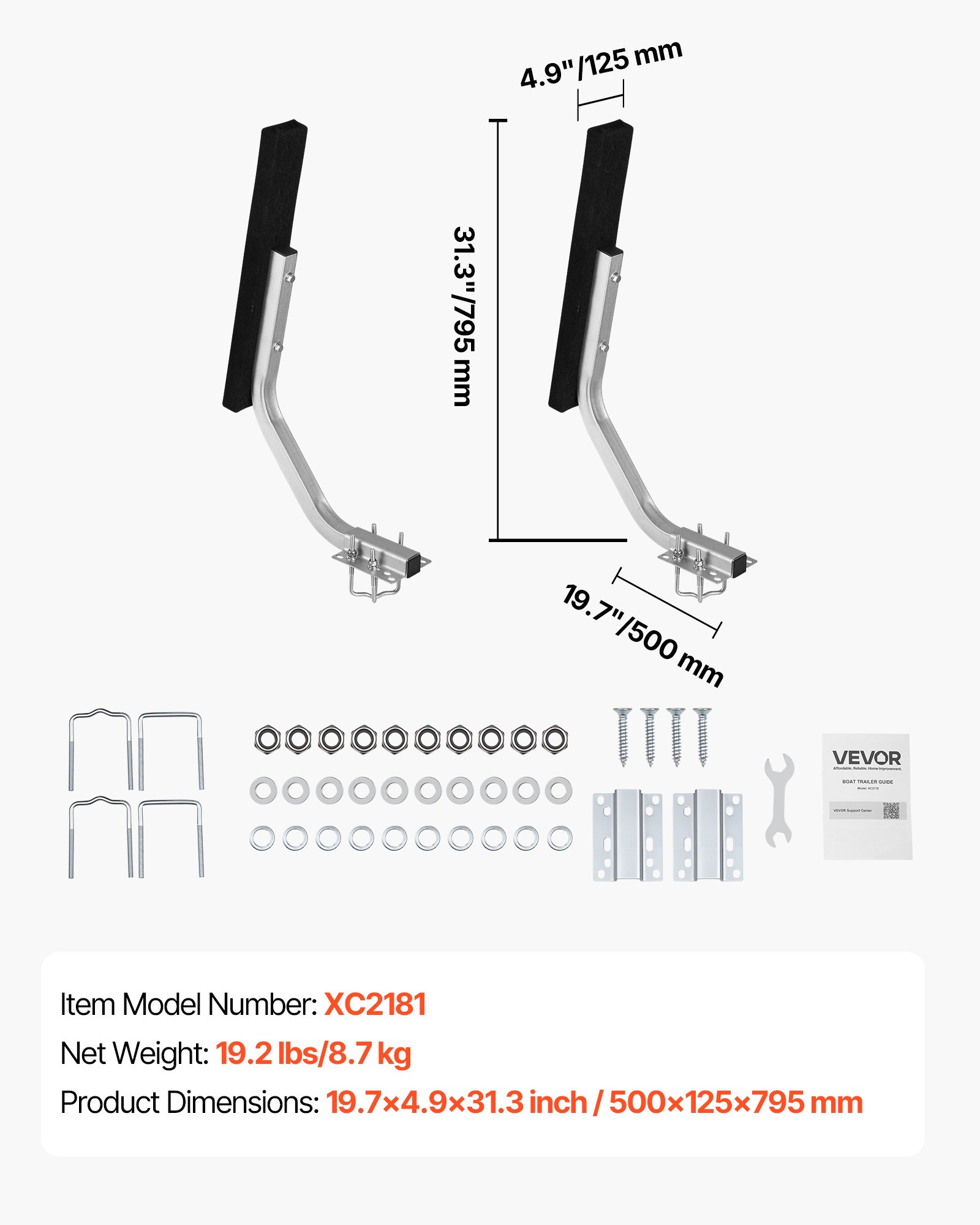 VEVOR Boat Trailer Guides, 30 mm Adjustable Width Trailers Guide, 2PCS High-Hardness Steel Trailer Guide-Ons with Thick Support Pads, Fits L-Beam, Box or C-Channel Bunk-Style Pontoon Trailers