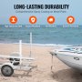 VEVOR boat trailer guide on a sandy beach, emphasizing high hardness steel, impact-resistant, all-weather, and scratch-resistant features.