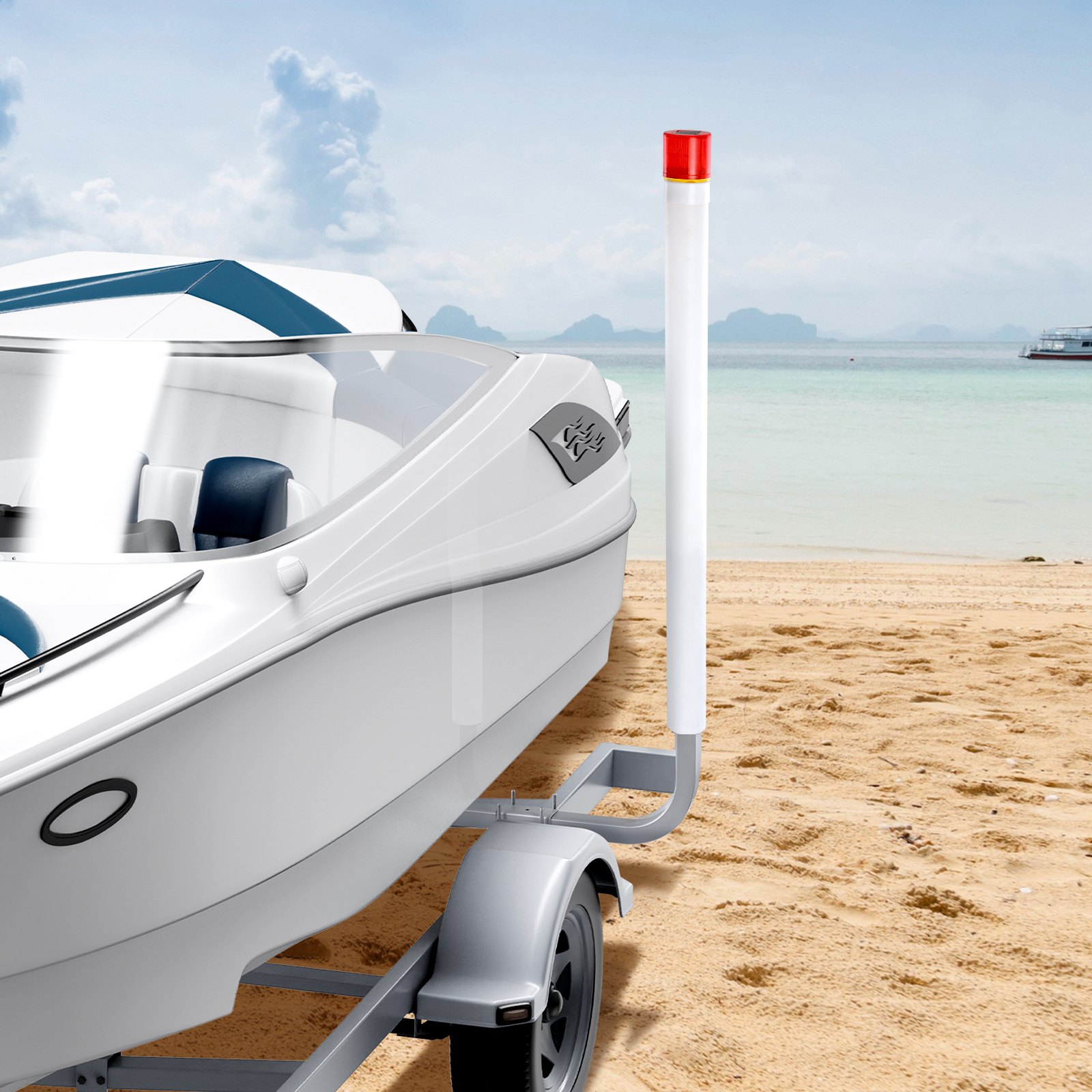 boat on a trailer with a VEVOR marine trailer guide set at a sandy beach, calm sea, and cloudy sky.