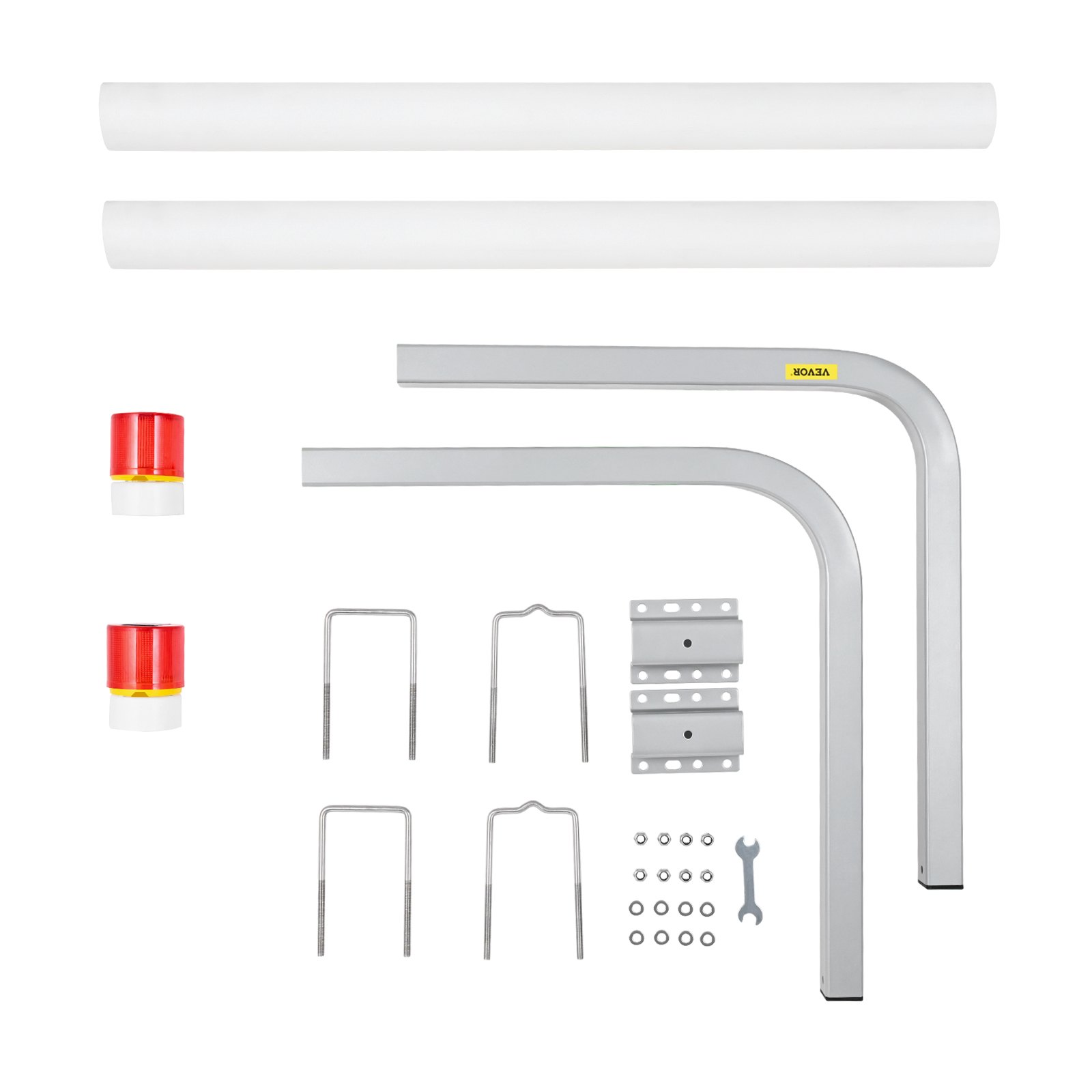 VEVOR marine trailer guide set with pvc pipes, brackets, u-bolts, red caps, and installation tools.