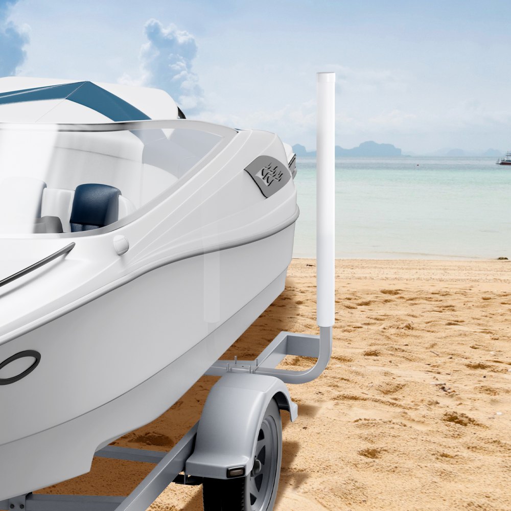 boat on trailer with VEVOR marine trailer guide near sandy beach with calm ocean in the background.