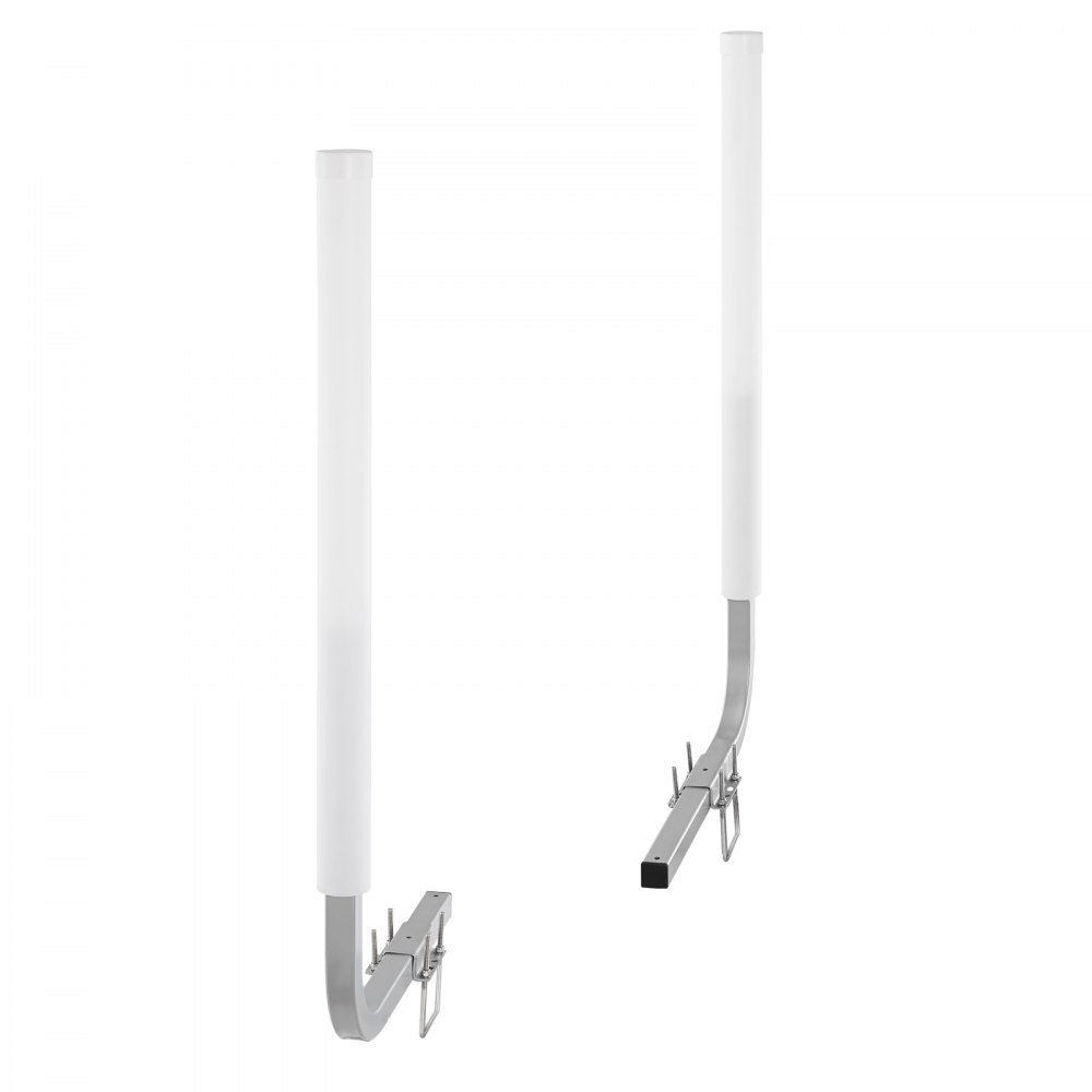 VEVOR marine trailer guide with white pvc posts and adjustable steel brackets, viewed from different angles.