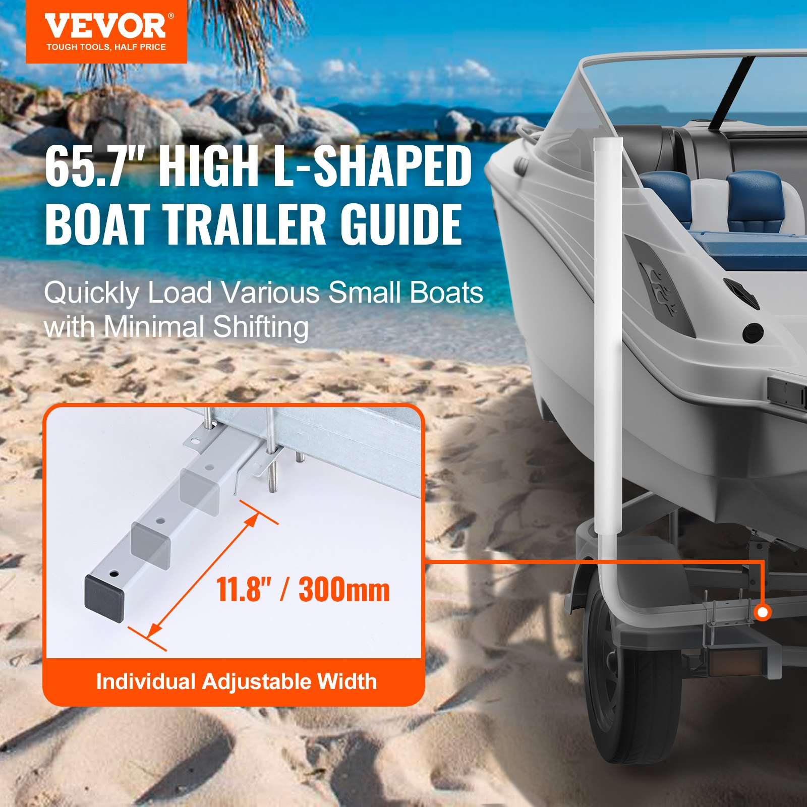 VEVOR marine trailer guide: 65.7&quot; high l-shaped boat trailer guide on a sandy beach backdrop.