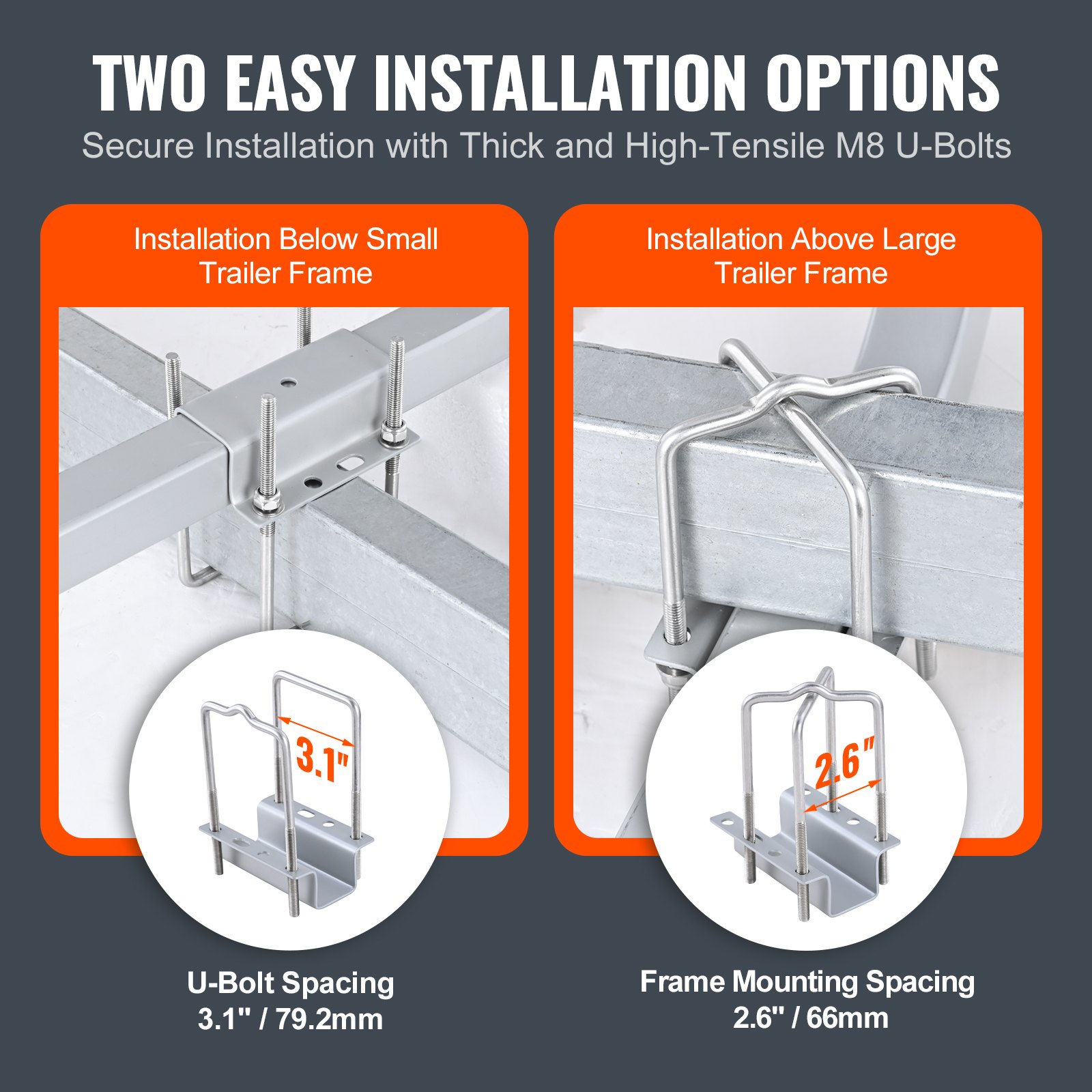 two installation options for VEVOR marine trailer guide with high-tensile m8 u-bolts, 3.1&quot; and 2.6&quot; spacing.