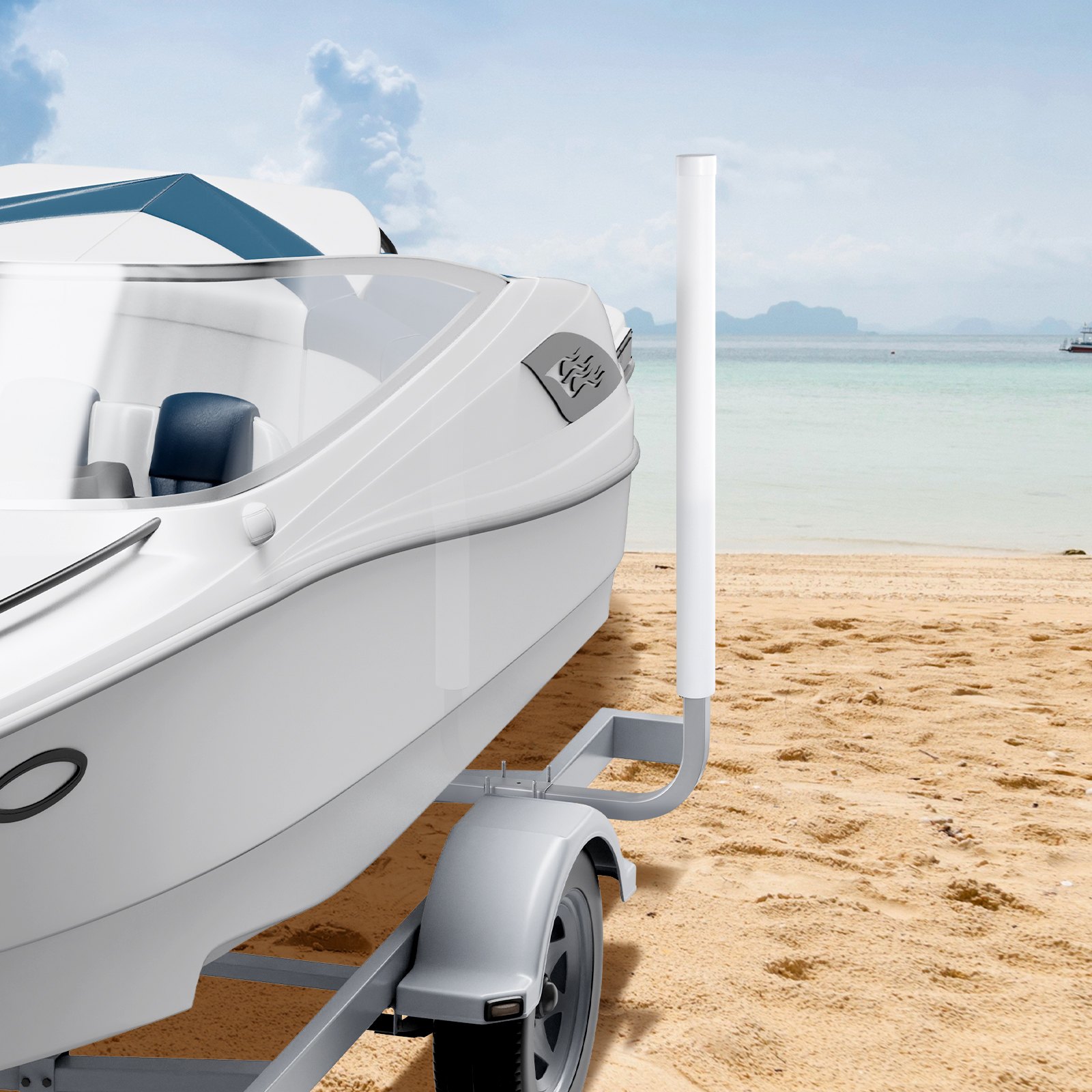 boat on trailer with VEVOR marine trailer guide near sandy beach with calm ocean in the background.