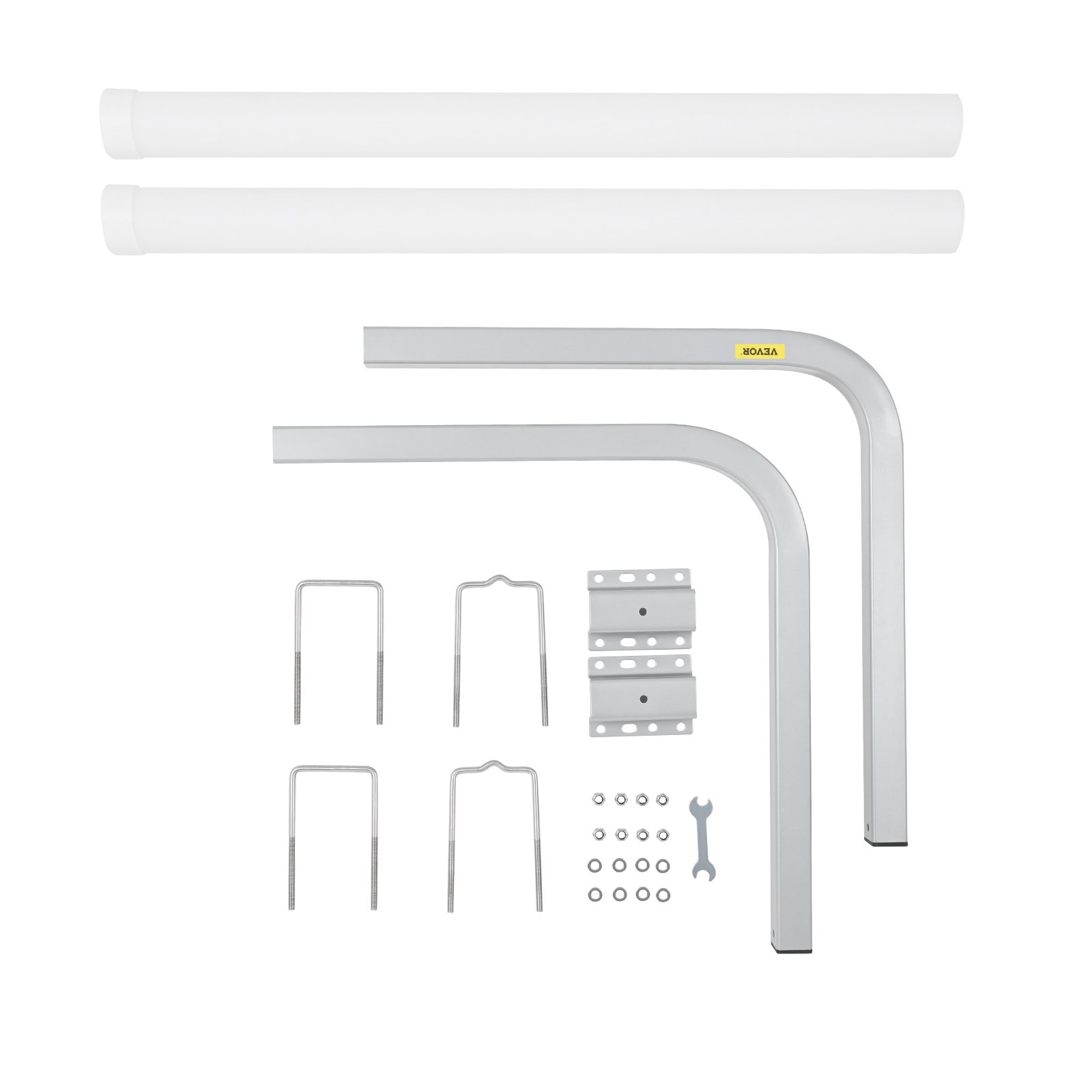 VEVOR marine trailer guide components with metal brackets, white pvc tubes, u-bolts, and mounting hardware.