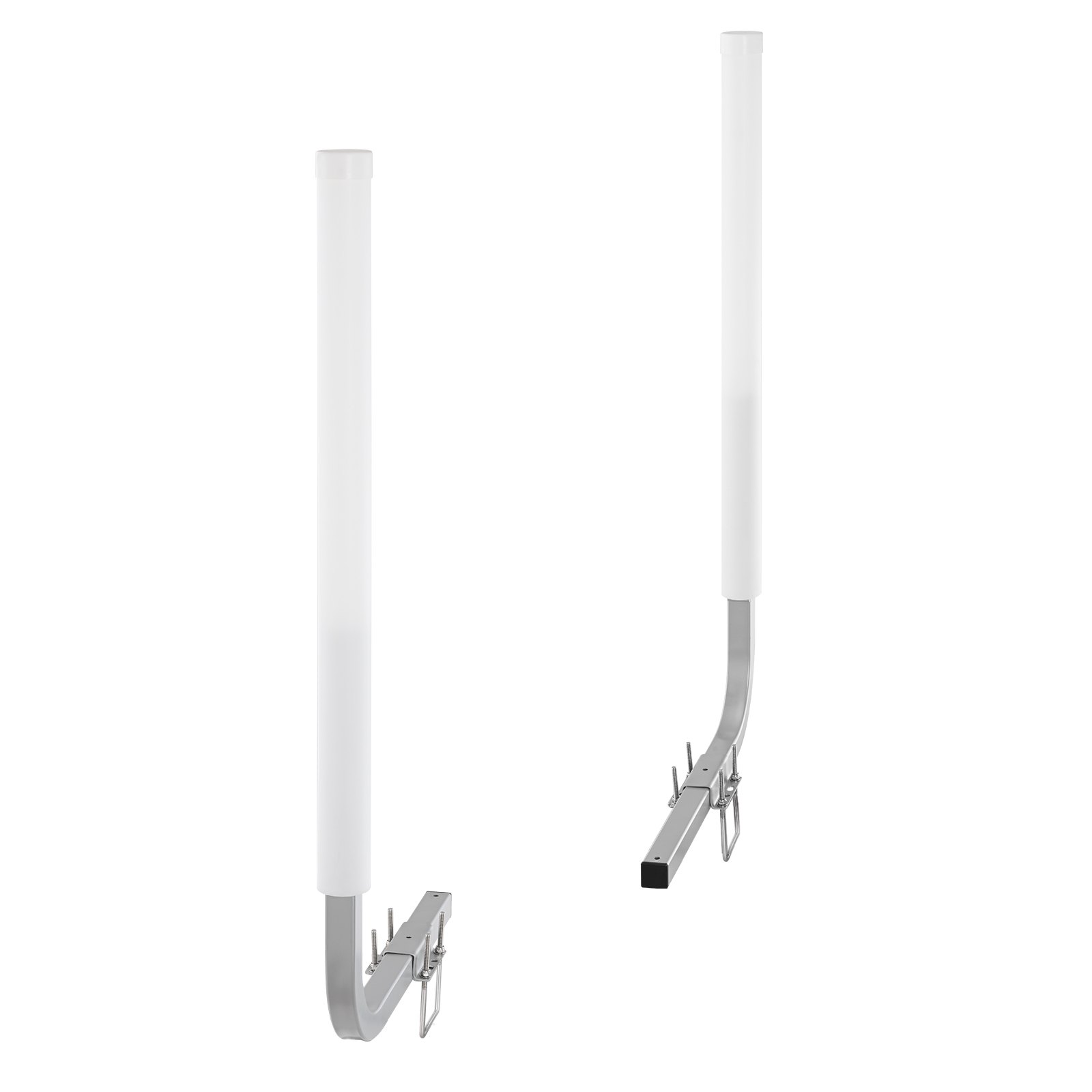 VEVOR marine trailer guide with white pvc posts and adjustable steel brackets, viewed from different angles.