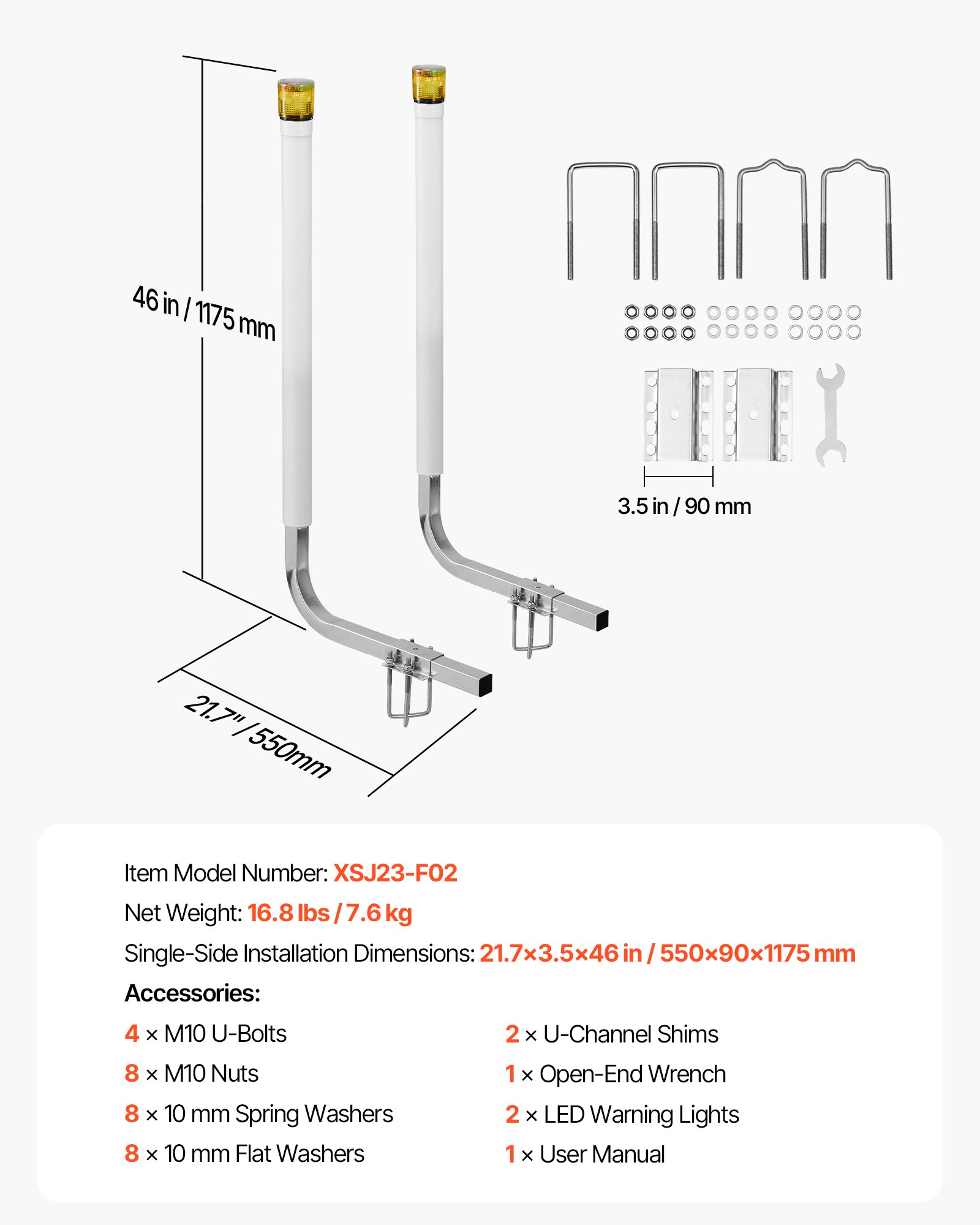 VEVOR Boat Trailer Guide, 46 in with LED Light Trailer Guide Poles, 2PCS High-Hardness Steel Guide-Ons, Wide Adjustable Trailers Guides with PVC Pipes, for Ski Boat, Fishing Boat or Sailboat Trailers