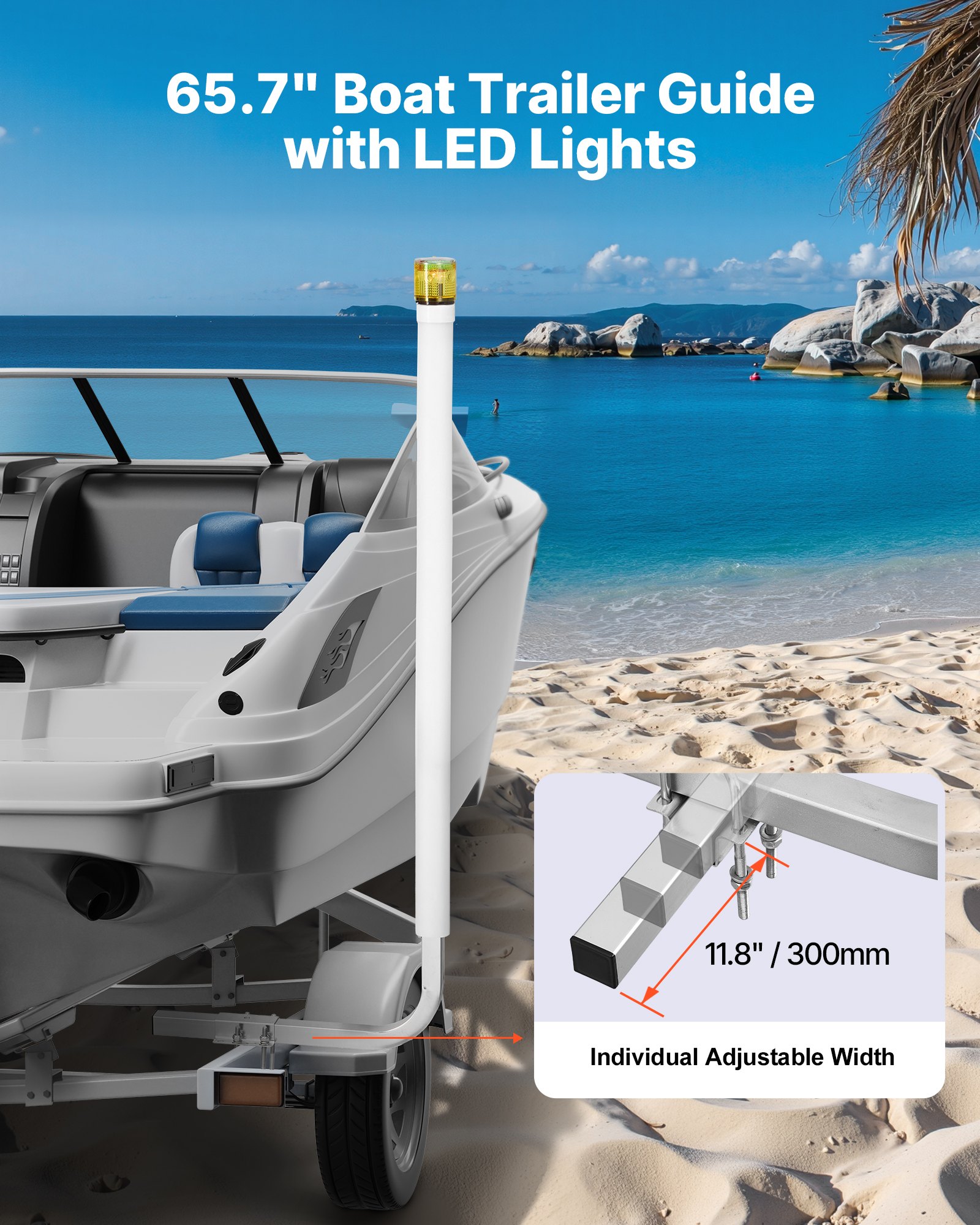 VEVOR Boat Trailer Guide, 65.7 in with LED Light Trailer Guide Poles, 2PCS High-Hardness Steel Guide-Ons, Wide Adjustable Trailers Guides with PVC Pipes, for Ski Boat, Fishing Boat, Sailboat Trailers