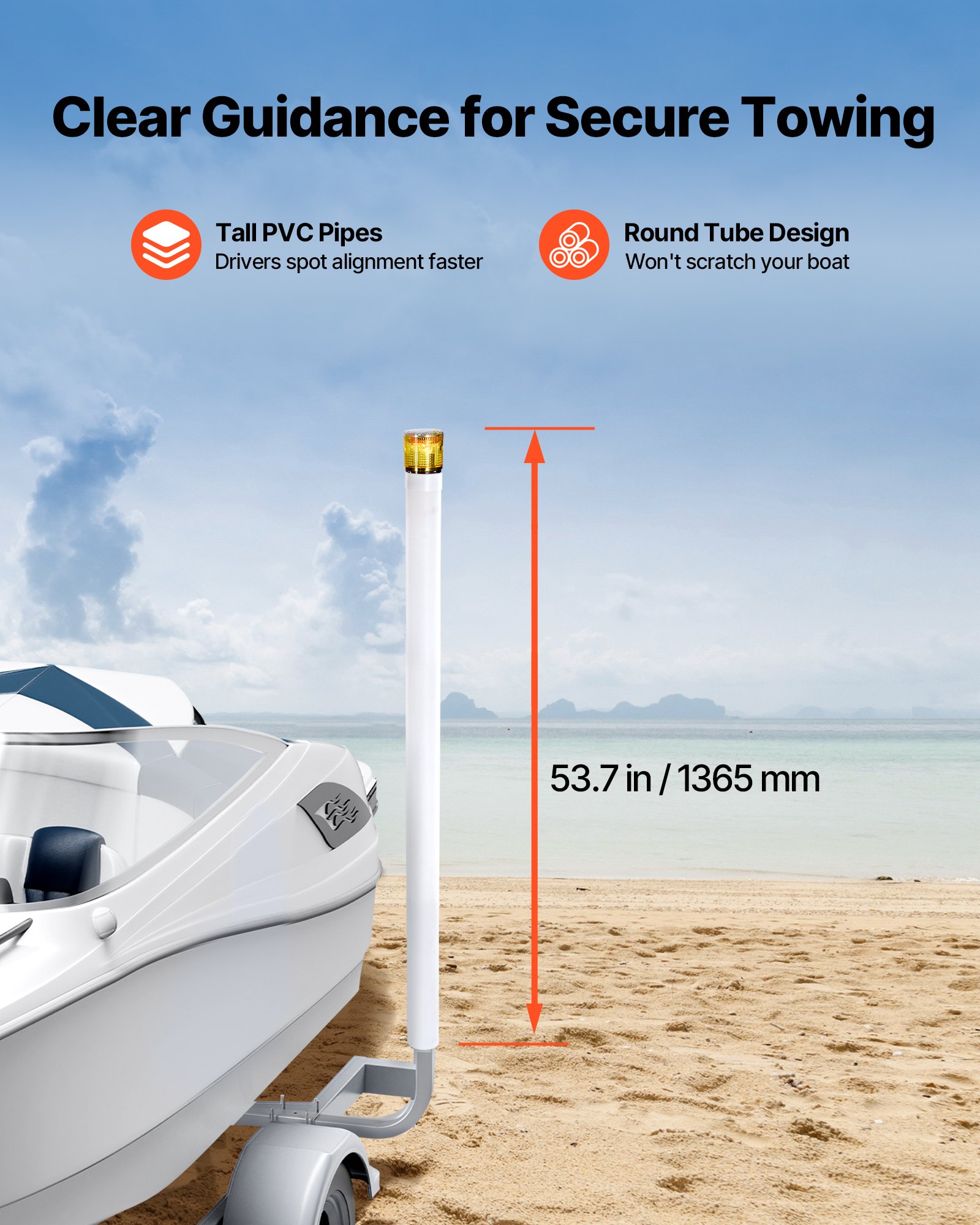 VEVOR Boat Trailer Guide, 65.7 in with LED Light Trailer Guide Poles, 2PCS High-Hardness Steel Guide-Ons, Wide Adjustable Trailers Guides with PVC Pipes, for Ski Boat, Fishing Boat, Sailboat Trailers