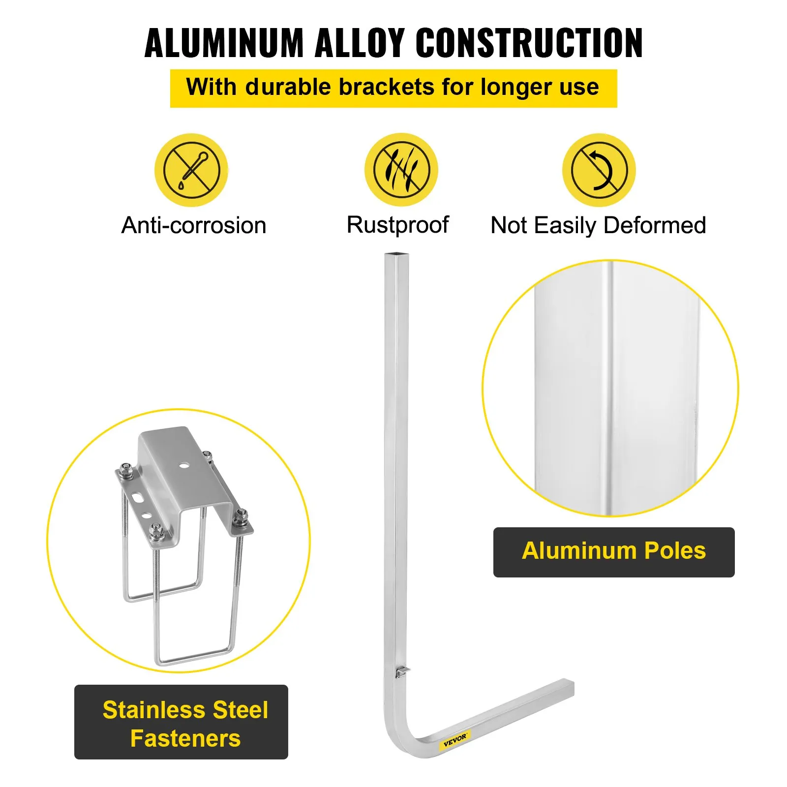 aluminum poles and stainless steel fasteners of VEVOR boat trailer guide-ons, anti-corrosion and rustproof.