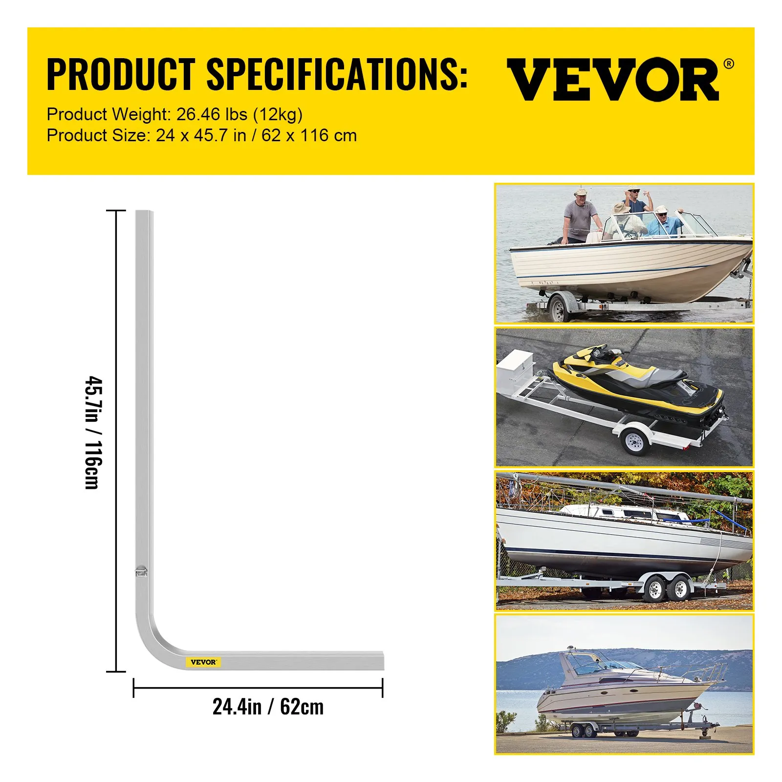 VEVOR boat trailer guide-ons with 24x45.7 in dimensions, suited for various watercraft trailers.