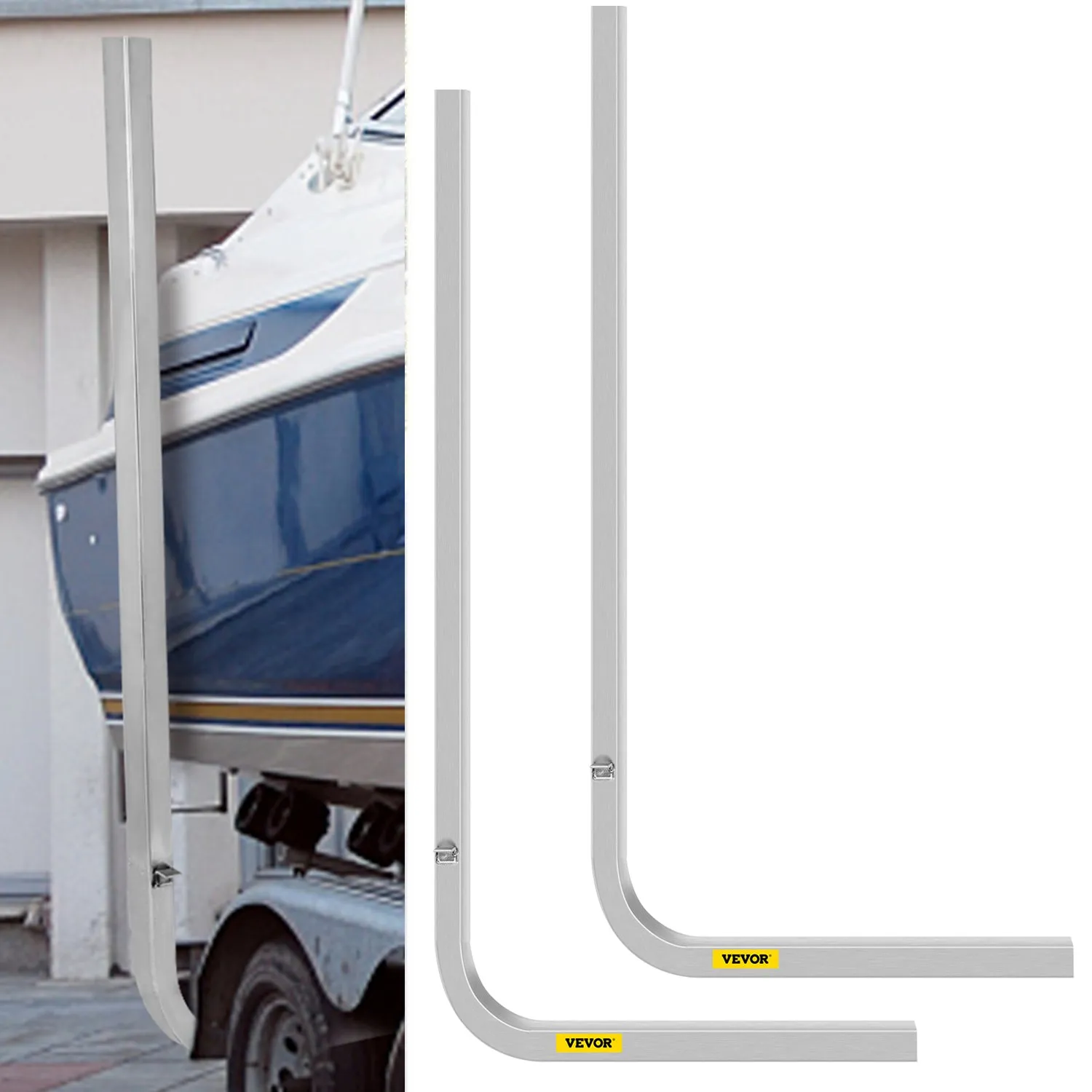 VEVOR boat trailer guide-ons with stainless steel construction beside a blue boat on a trailer.