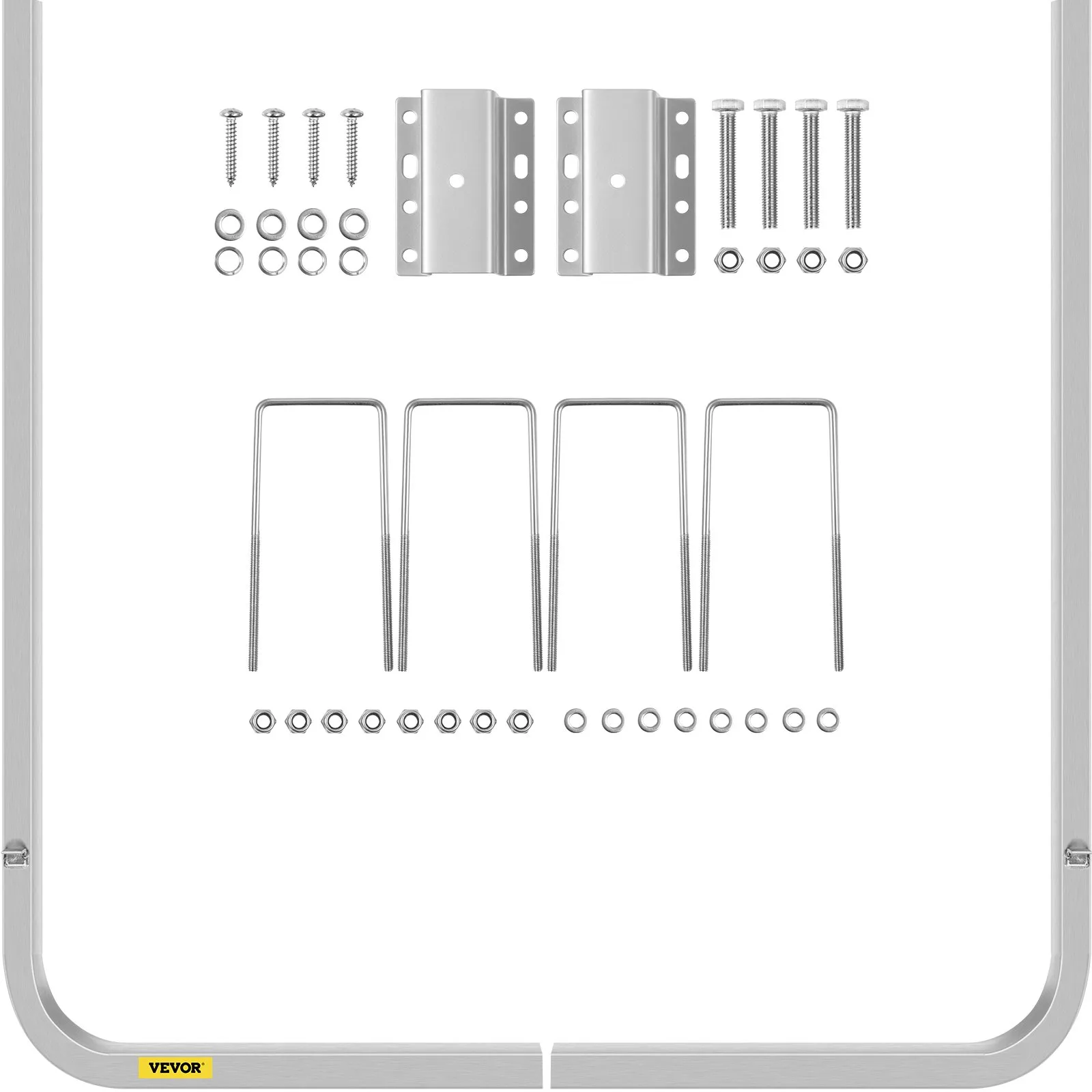 VEVOR boat trailer guide-ons hardware kit with bolts, brackets, u-bolts, and nuts displayed on white background.