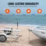 VEVOR marine trailer guides on beach, highlighting durability, high hardness steel, impact resistance, all-weather, and scratch resistance.