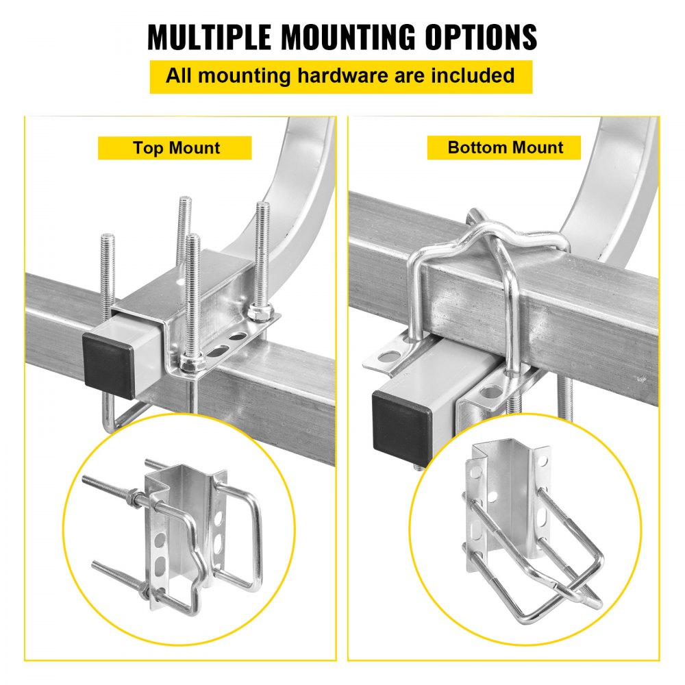 VEVOR boat trailer guide with multiple mounting options for large and small frames, hardware included.
