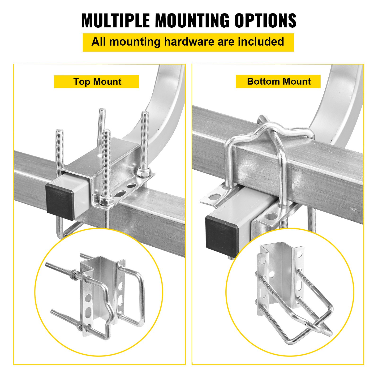 VEVOR boat trailer guide with multiple mounting options for large and small frames, hardware included.